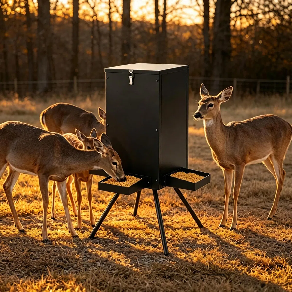 14 Gallon Gravity Deer Feeder 50-90 LBS Capacity Galvanized Coated Steel Wildlife Game Feeder with 4 Feeding Trays Lockable Lid Ground Pegs for Hunting Ranch Backyard Black photo 6