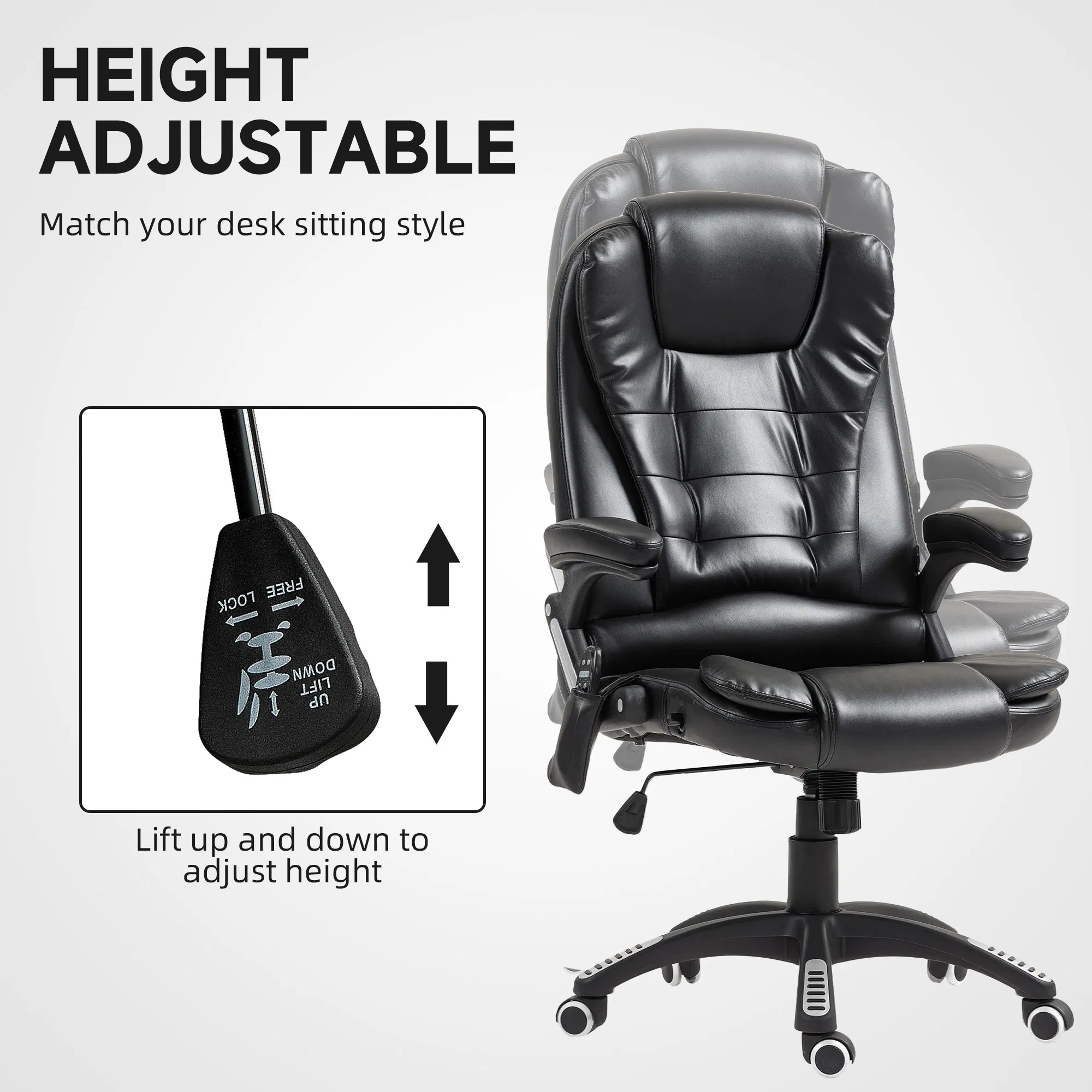 Reclining Massage Office Chair, Executive Office Chair with High Back, Swivel Wheels, Black photo 3