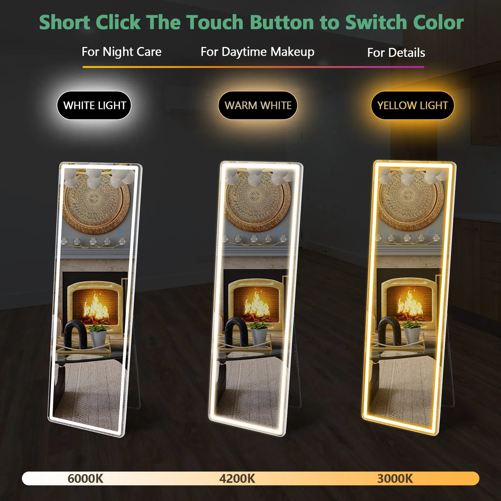 3 Color Lighting Mirror with LED Lights, 64"x21" Lighted Floor Standing Mirror with Stand, Wall Mounted Hanging photo 5