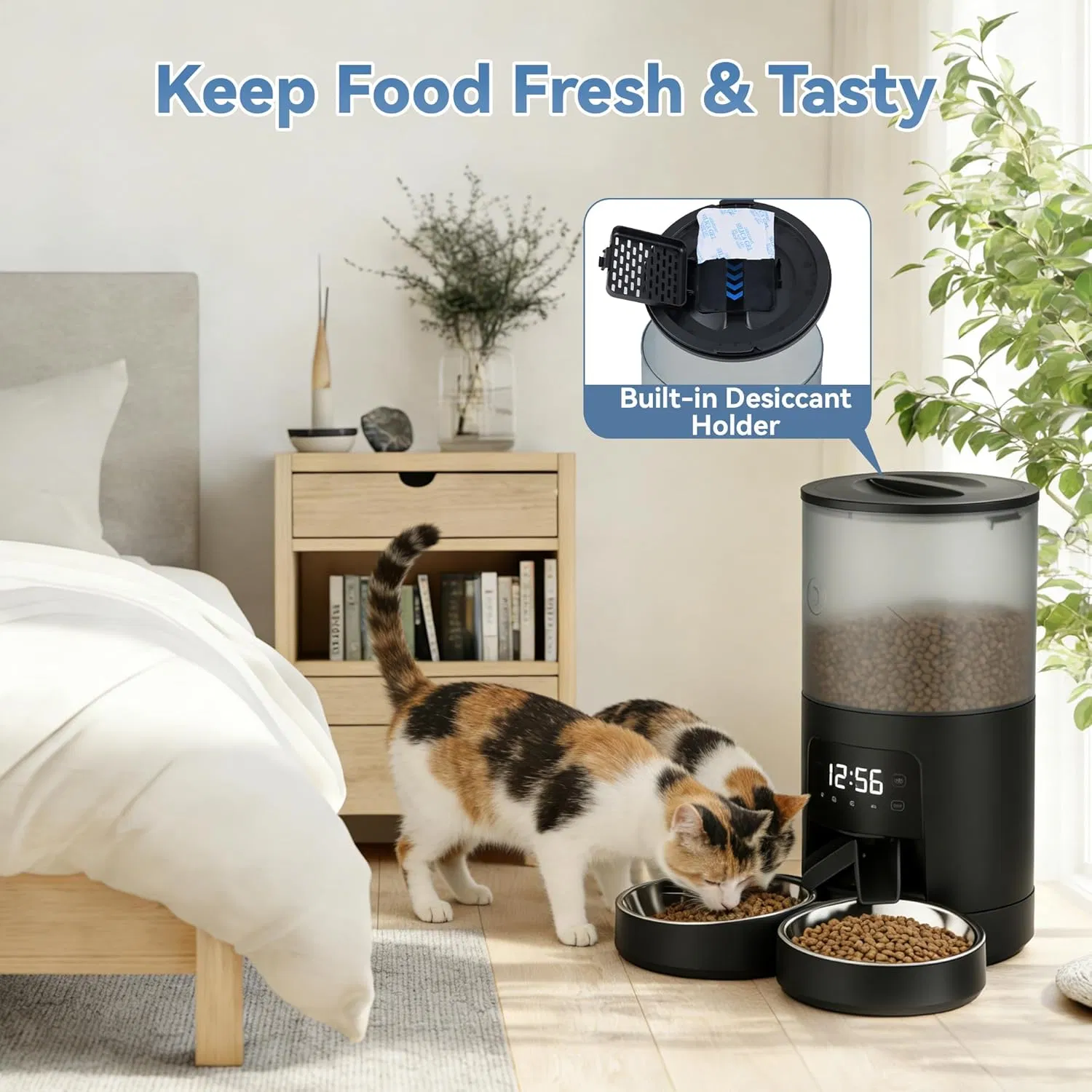6L Automatic Cat Feeder for 2 Cats, Timed Cat Food Dispenser with 2 Stainless Bowls, 10s Voice Recorder, Dual Power Supply, 6 Meals 50 Portions Per Day, Dual Pet Feeder for Cat and Dog photo 4