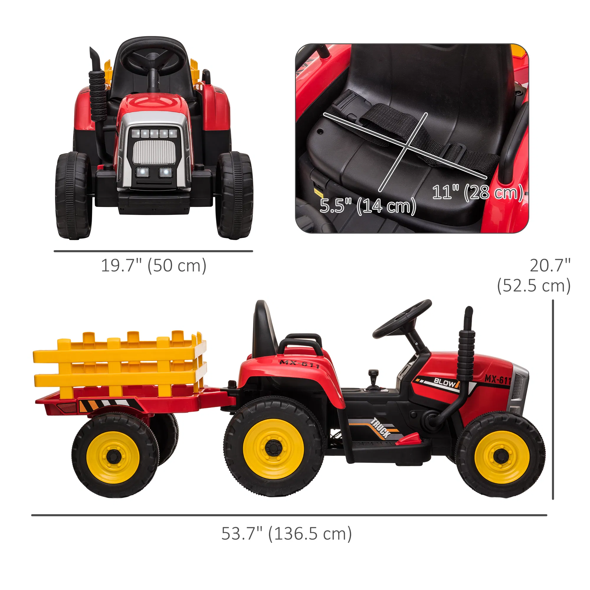12V Kids Ride on Tractor with Trailer, Remote Control, Music Start up Sound and Horn, USB, LED Lights, Red photo 2