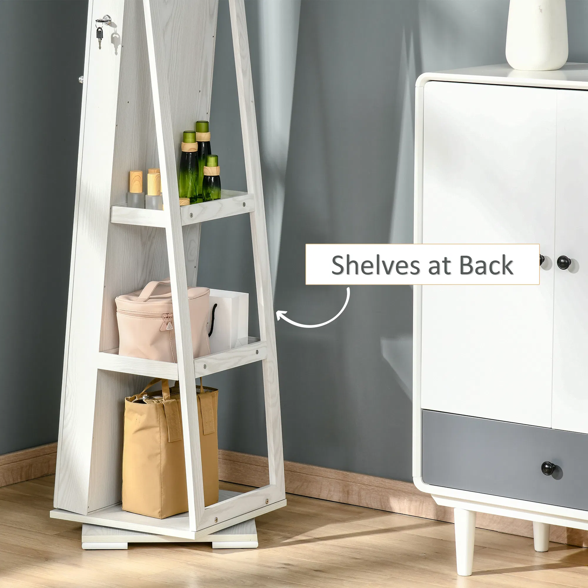 360 Swivel Jewelry Cabinet with Full Length Mirror Lockable Organizer White photo 5