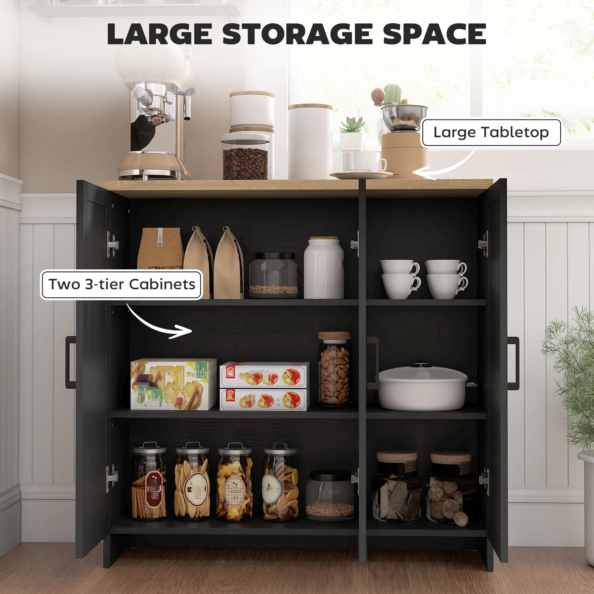Modern Sideboard Buffet Cabinet, Modern Kitchen Storage Cabinet with 3 Doors Adjustable Shelves, for Dining Room, Black photo 2