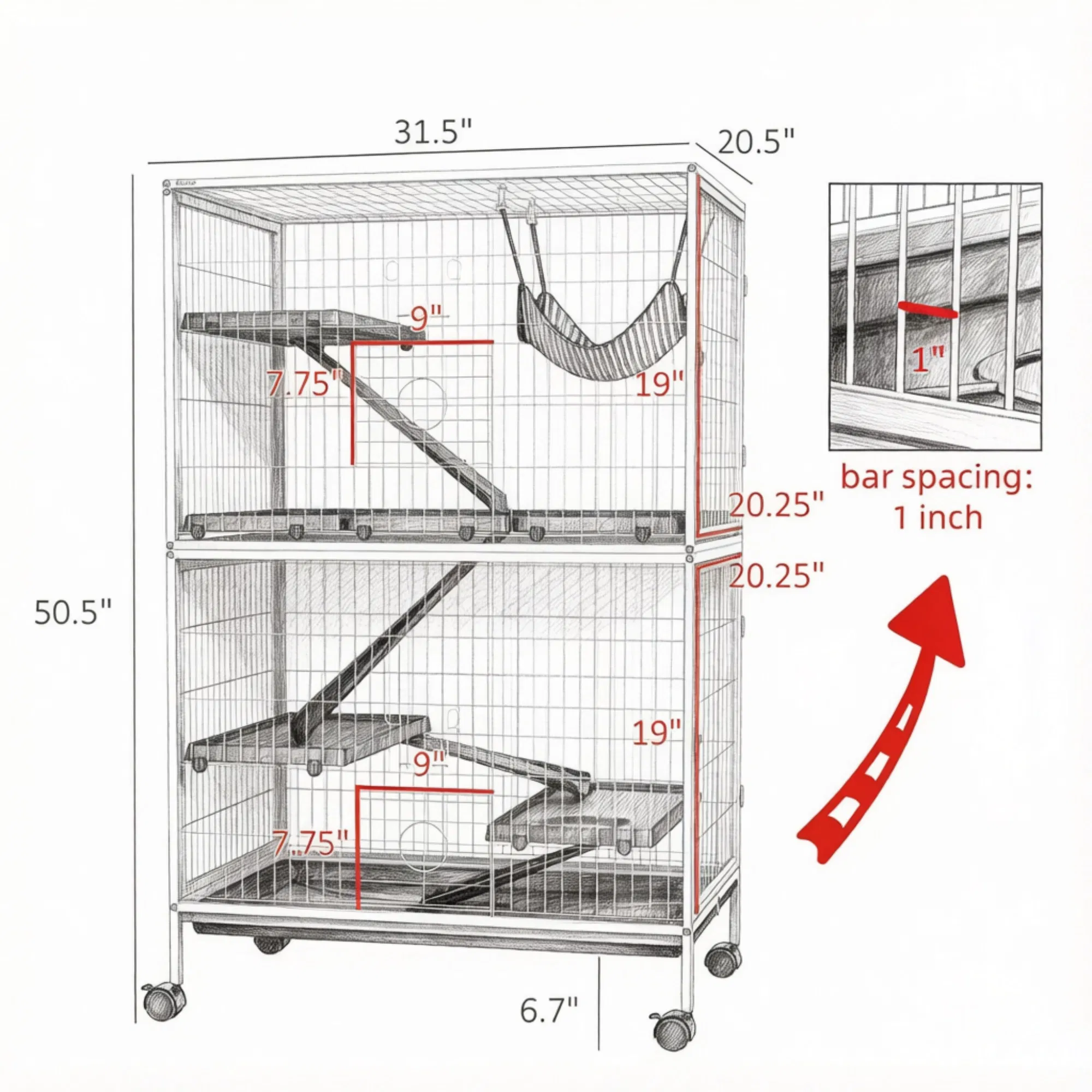 50 Inch Tall Rolling Ferret Chinchilla Cage Small Animal Pet Habitat with Hammock, 4 Doors, Removable Tray photo 6