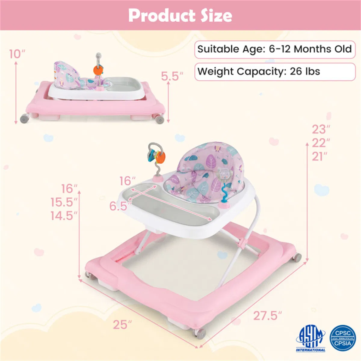 Pink Foldable Baby Walker with Detachable Tray & Shape Sorter Toys, 3-Level Height Adjustable for 6-12 Months photo 7