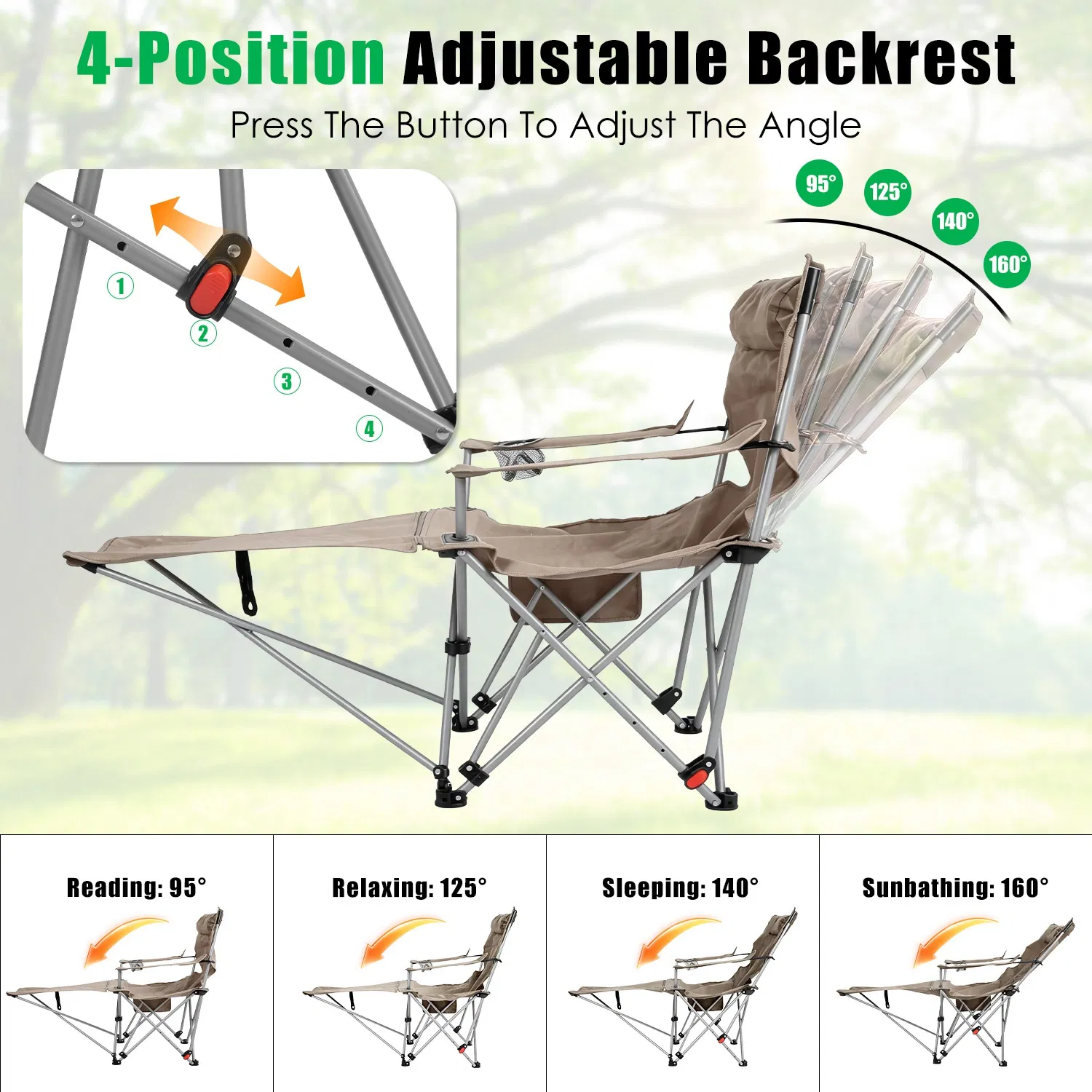 1Pc Reclining Camping Chair with Footrest 4-Position Adjustable Outdoor Folding Chair Heavy Duty Portable Camping Lounge Chair with Headrest Cup Holder & Side Pocket for Outdoor Beach Patio Travel photo 2