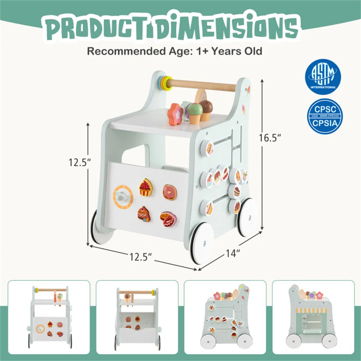 2-in-1 Baby Walker with 8 Fun Activities (Dessert Sorter/Adjustable Clock/Maze) + Side Shop Window (Role Play)-Light Green photo 7