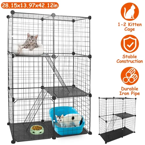 3 Tier Cat Playpen Cage Metal Indoor Cat House Detachable Kitten House with 3 Doors 2 Ladders Large Cat Exercise Place for 1-2 Cats Black photo 2
