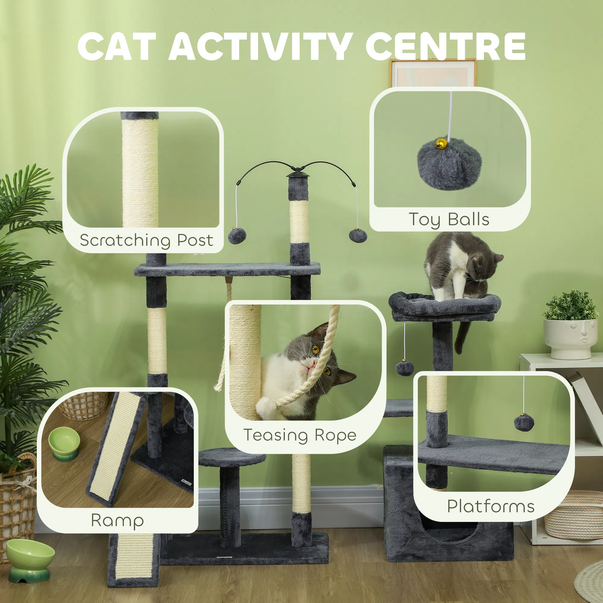53" Cat Tree, Cat Tower with Scratching Posts, Cat Condo, Beds, Platforms, Toy Balls for Indoor Cats, Dark Grey photo 3