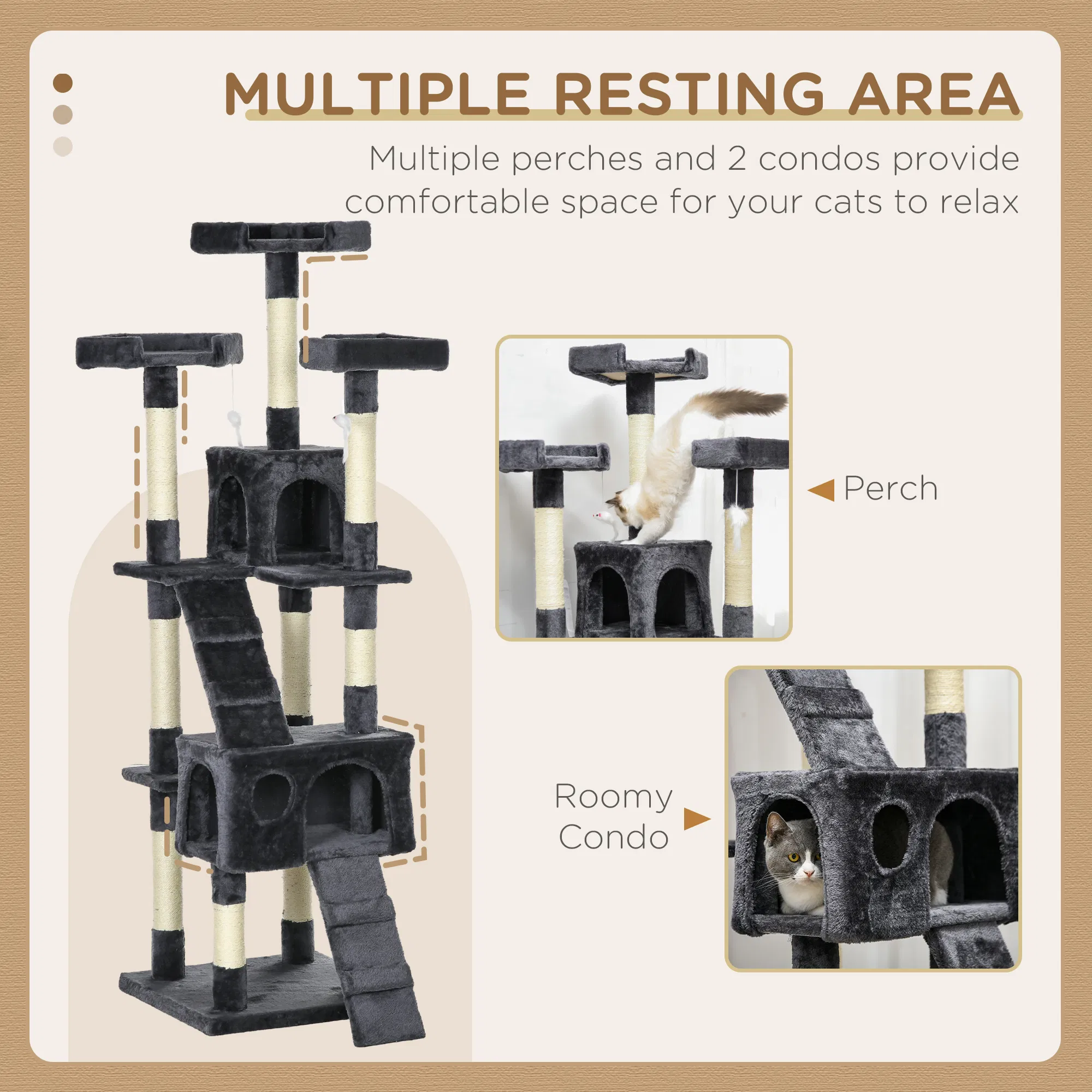 68-inch Multi-Level Cat Scratching Tree Kitty Activity Center Post Tower Condo Pet Furniture w/ Toy Charcoal Grey photo 6