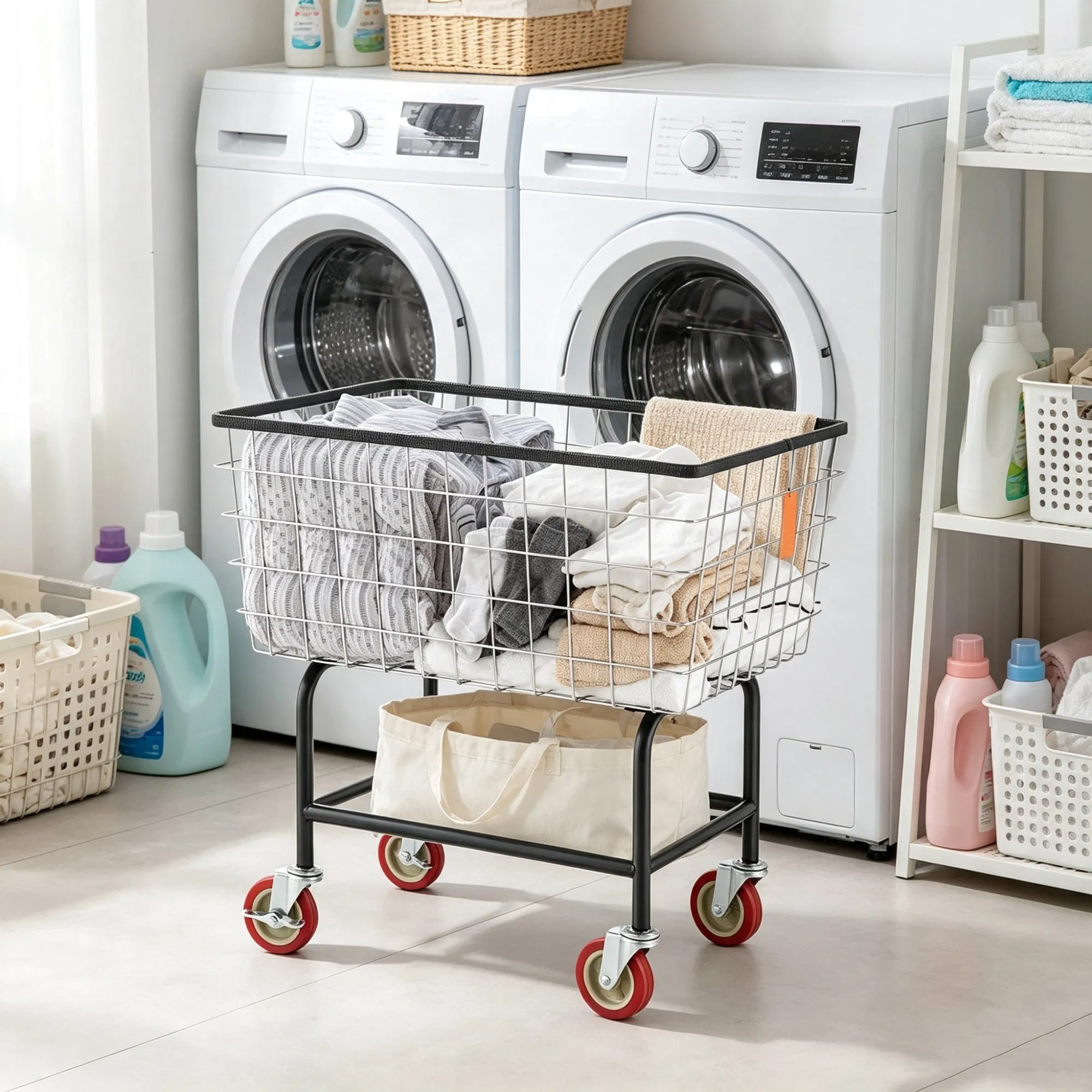 Wire Laundry Cart, 2.8 Bushel Wire Laundry Basket with Wheels, 26.7" x 21.7" x 26.4" Commercial Grade photo 5