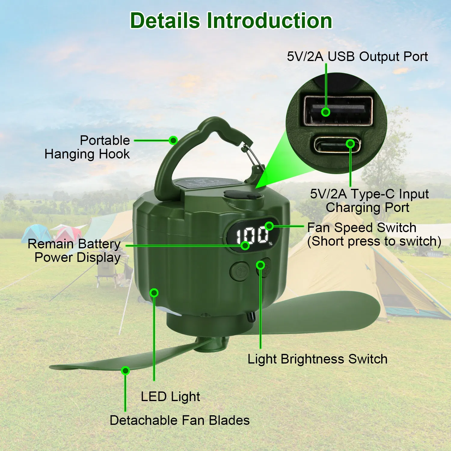 Rechargeable 3-in-1 Camping Fan, LED Lantern Hanging Fan with Large Capacity Battery, USB Power Bank, Low Noise & Timer Function for Outdoor Adventures photo 8