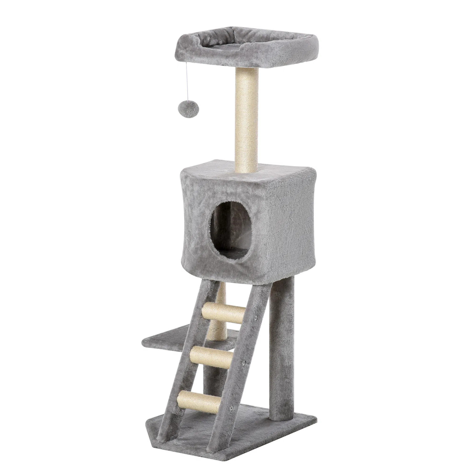 47" Tall Cat Tree Tower with Condo, Ladder, Scratching Posts and Hanging Ball, Light Grey photo 1