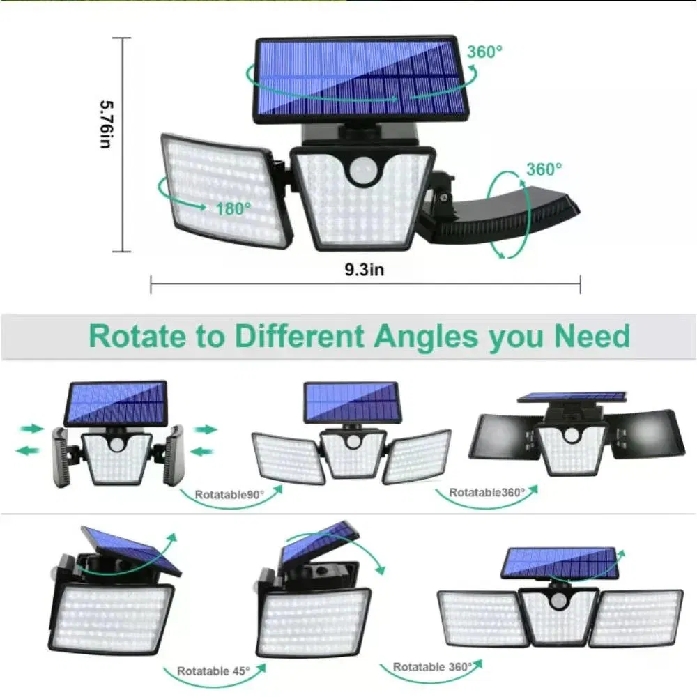 265 LED Solar Motion Sensor Wall Light, IP65 Waterproof 3-Head Adjustable Angle Outdoor Garden Lamp, 3000LM 6500K for Yard Garage photo 4