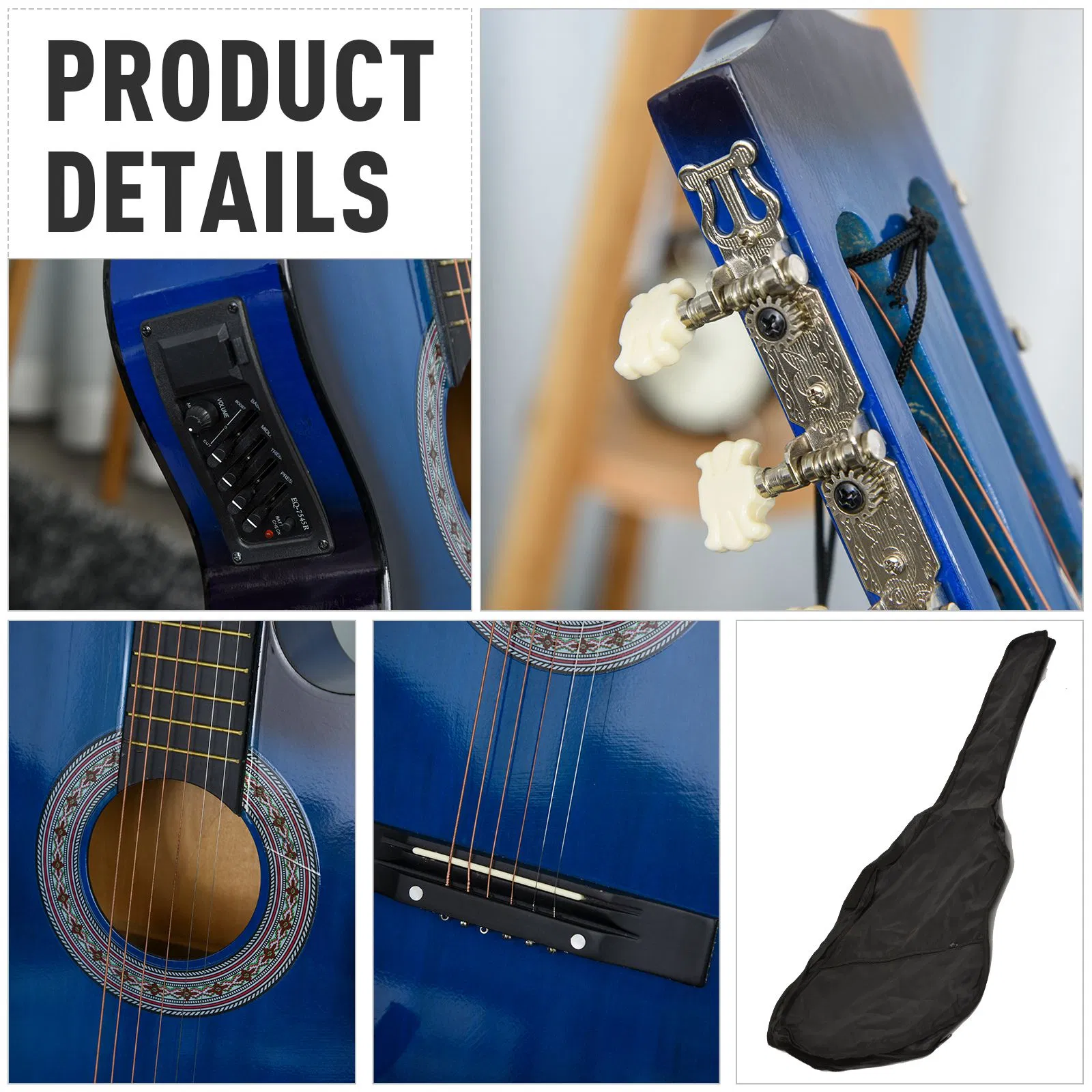 38 Inch Full Size Classical Acoustic Electric Guitar Premium Gloss Finish with Strings, Picks, Shoulder Strap and Case Bag, Blue photo 3