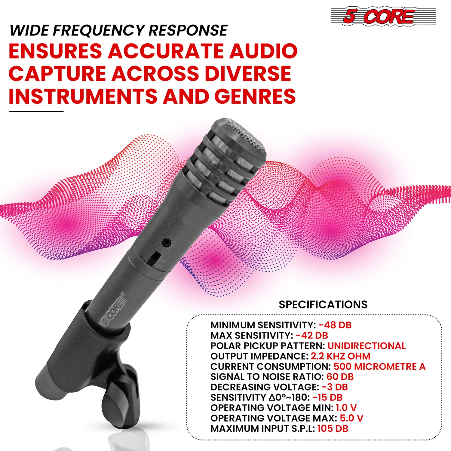 5 CORE Professional Instrument Microphone Pencil Mic Condenser Cardioid Unidirectional Stick Microfono with Windscreen Mic Clip & Case photo 4