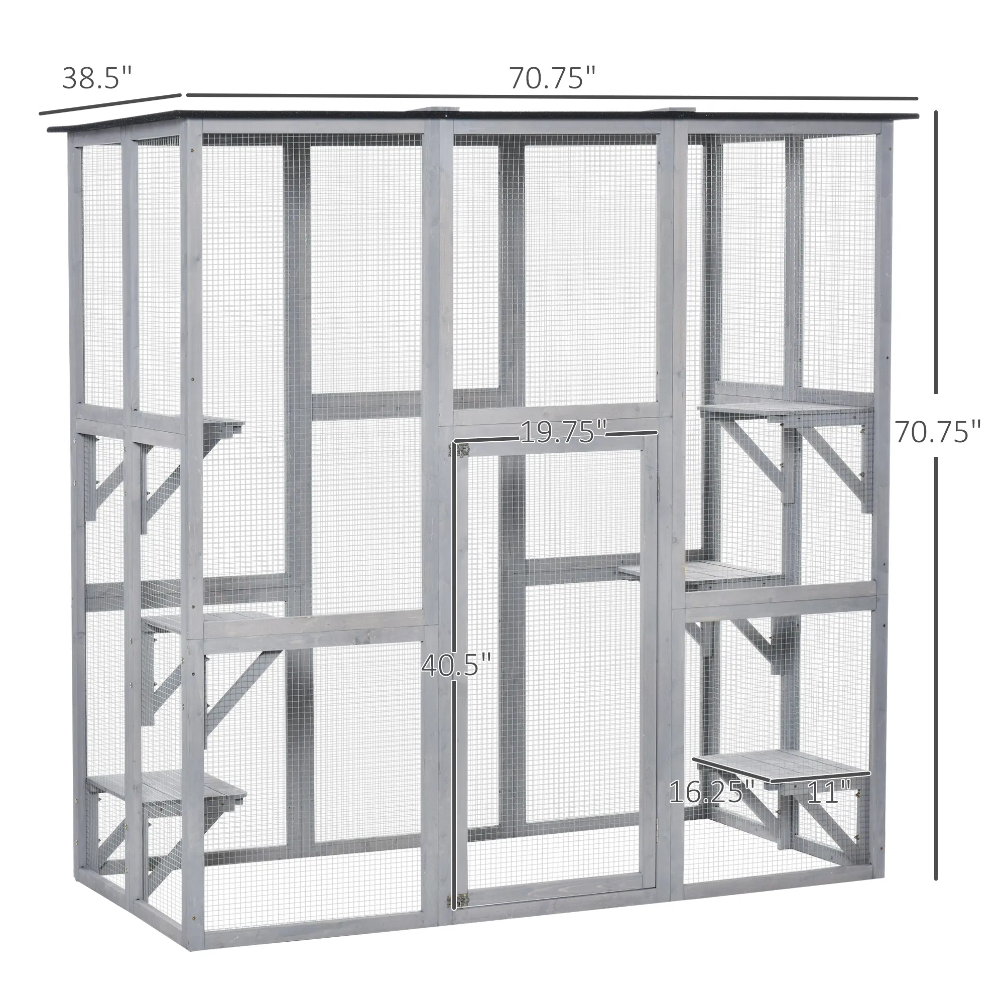 Large Outdoor Catio Enclosure, Weatherproof Cat House with Asphalt Roof, Wooden Cat Patio Cage with 6 Balanced Platforms, 71" x 39" x 71", Grey photo 5