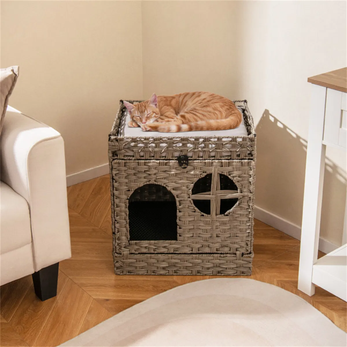 2-Tier Wicker Cat Condo with Litter Mat - Hidden Litter Box Enclosure, Detachable Washable Cushion, Gray Rattan photo 6
