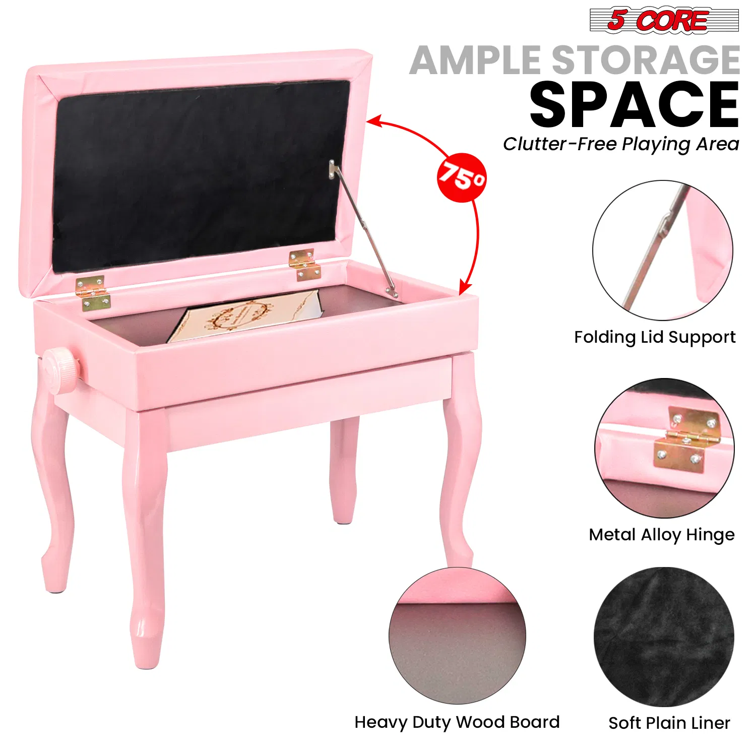 5 Core Piano Bench Wooden Height Adjustable Stool Heavy Duty Keyboard Seat with Storage photo 8