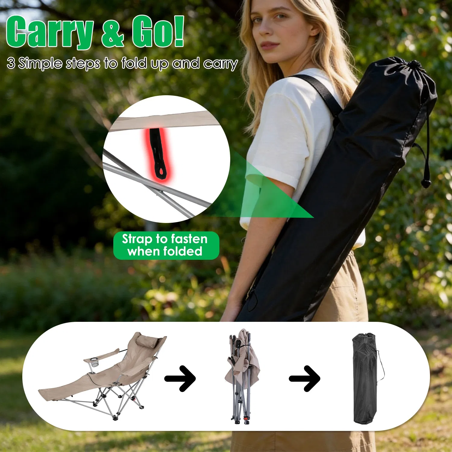 1Pc Reclining Camping Chair with Footrest 4-Position Adjustable Outdoor Folding Chair Heavy Duty Portable Camping Lounge Chair with Headrest Cup Holder & Side Pocket for Outdoor Beach Patio Travel photo 5