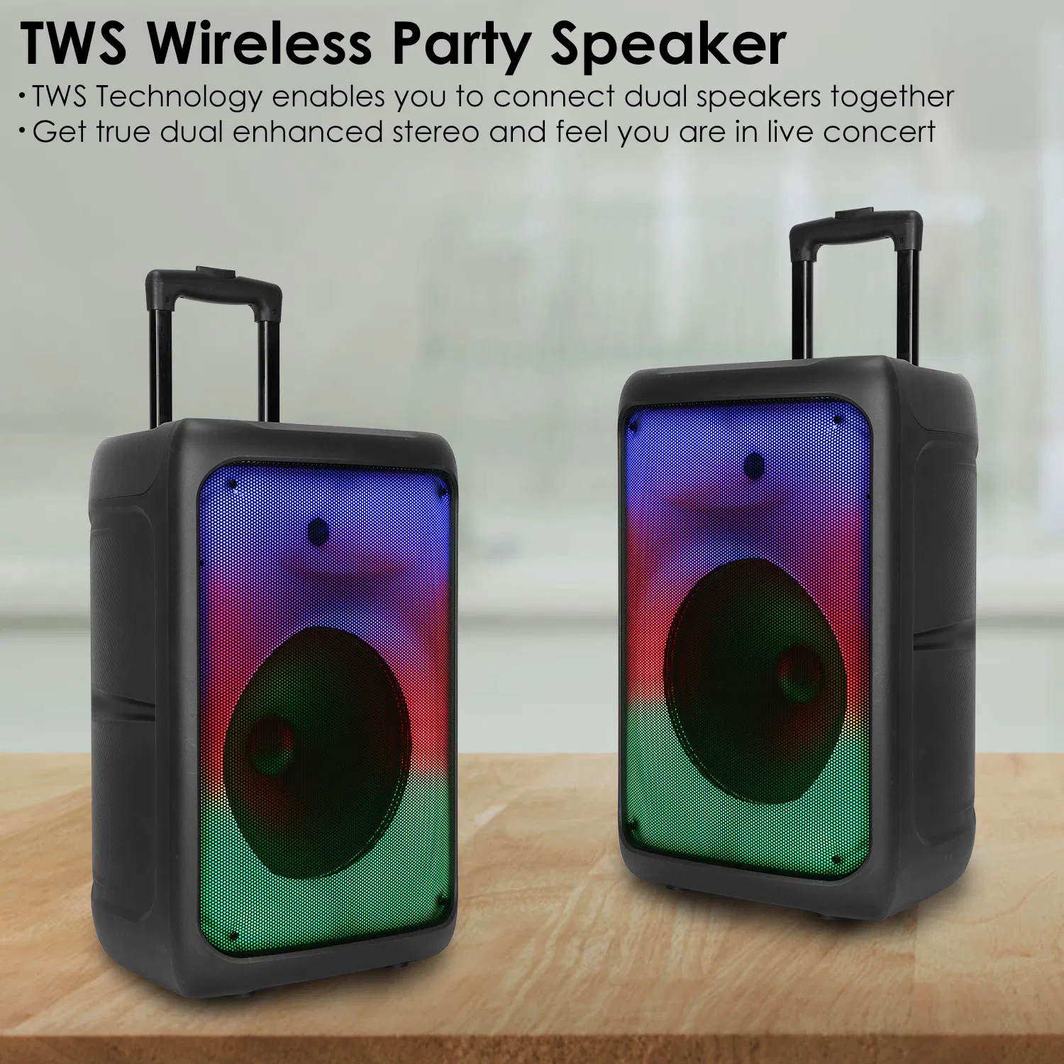 Portable Wireless Party Speaker Party Speaker with with 5 Colorful Lighting Modes TWS FM USB MMC Slot Aux In Recording Mic Priority Trolley Handle 2 Wheels Remote Control photo 5
