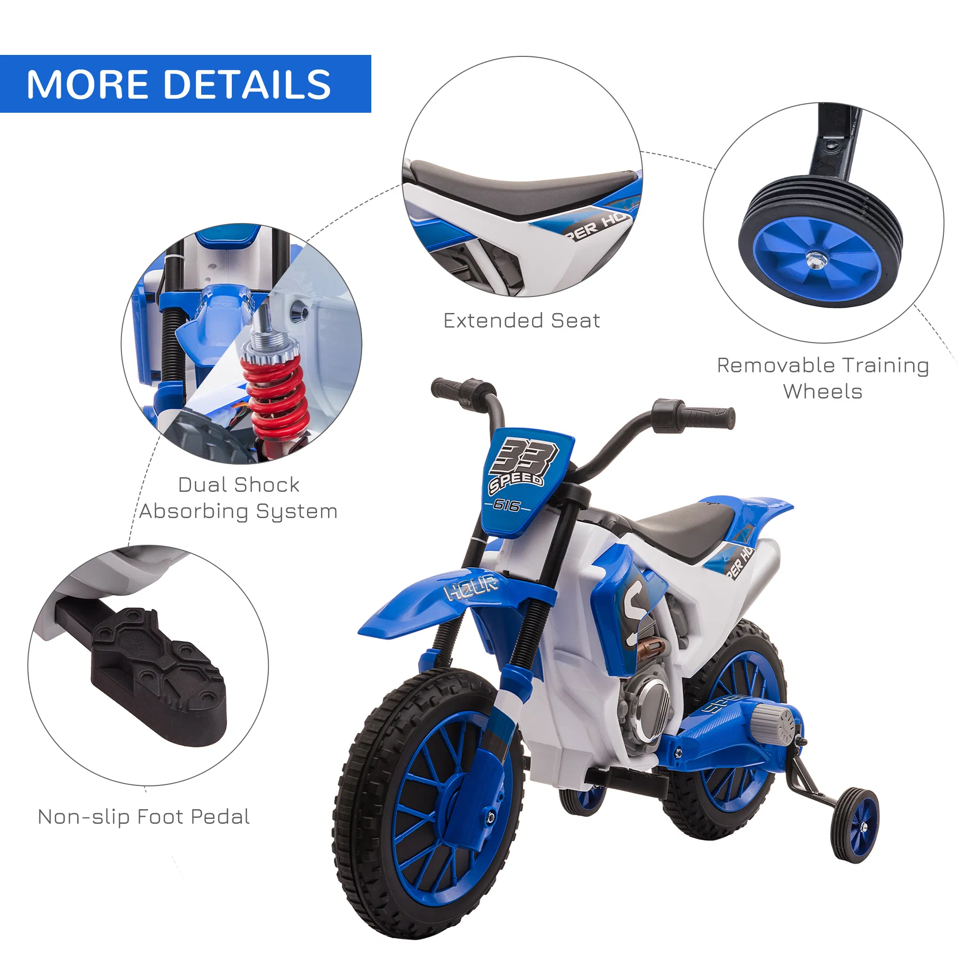 Kids Dirt Bike Battery-Powered Ride-On Electric Motorcycle with Charging 12V Battery, Training Wheels Blue photo 2