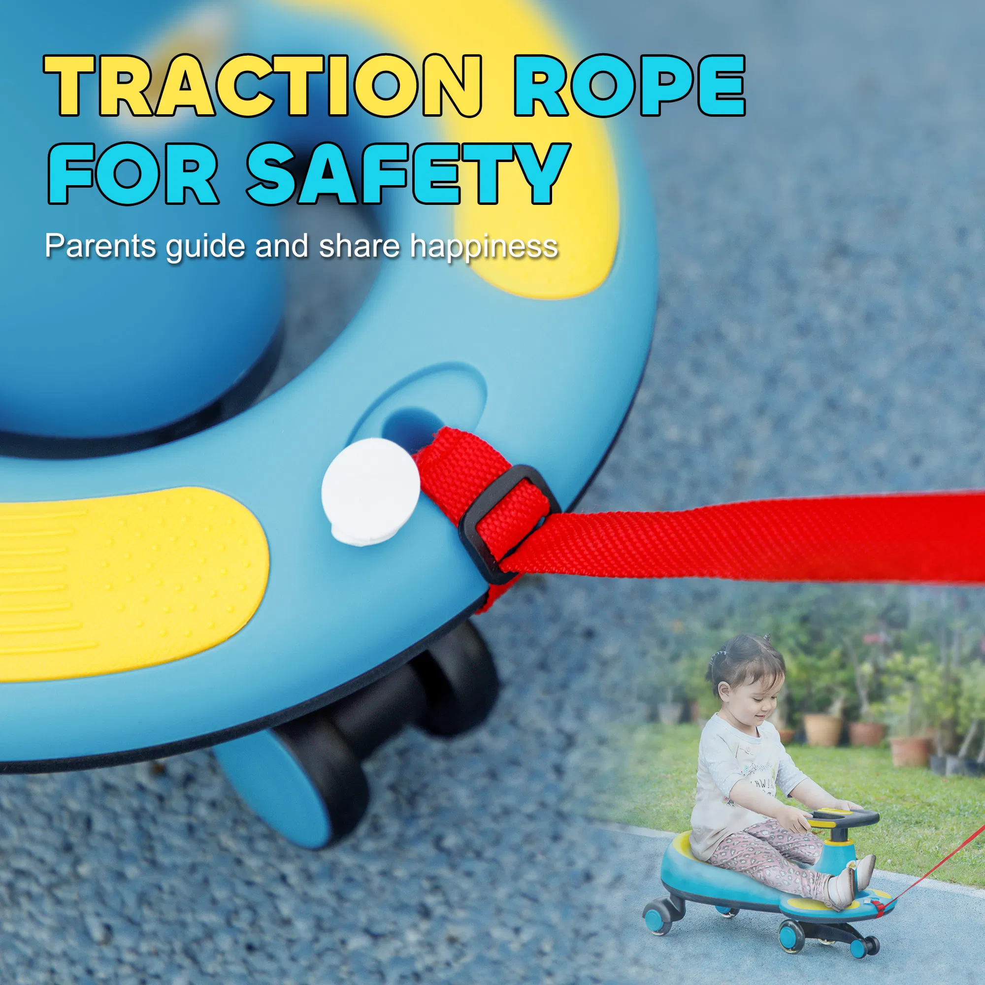 Kids Wiggle Car w/ Parent Traction Rope, Music, Light, Blue photo 2