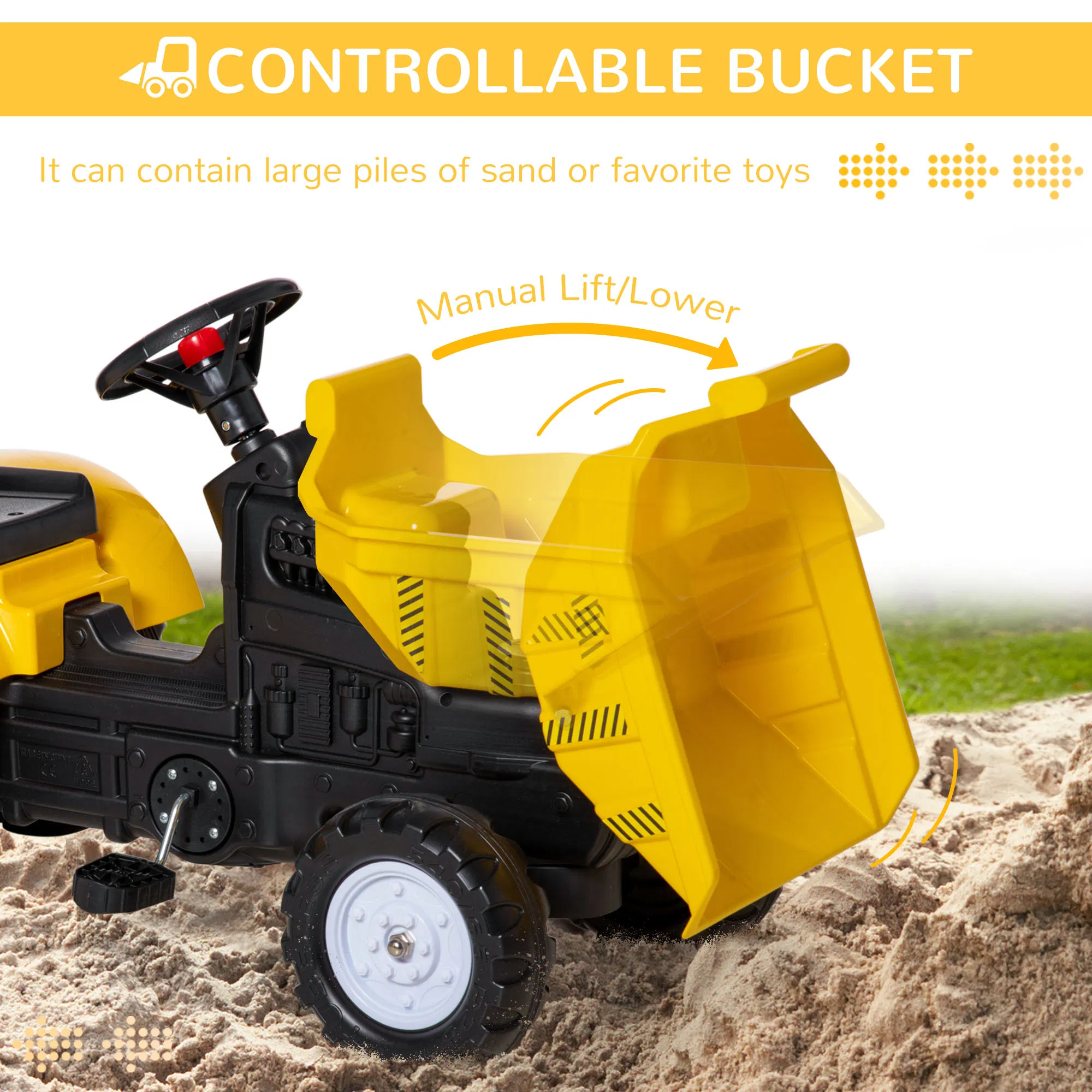 Ride on Tractor for Kids, Pedal Construction Car with Manual Control Bucket for 3 Year Old, Yellow photo 2