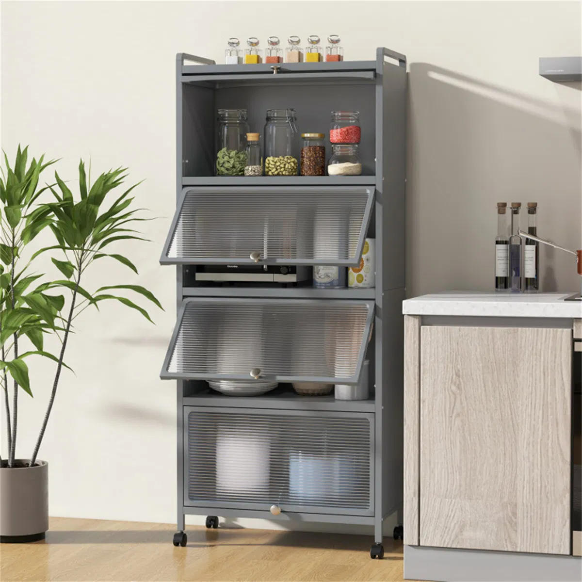 5-Tier Rolling Microwave Stand Flip Dust-Proof Doors 4 Casters with Brakes Kitchen Storage Rack Gray photo 6