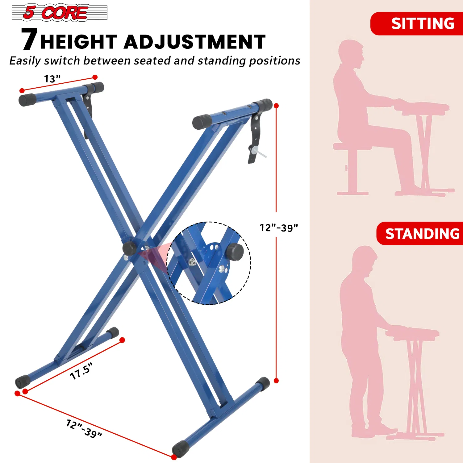 5 CORE Piano Keyboard Stand Double X Style Heavy Duty Adjustable Digital Electric Piano Riser Durable & Sturdy Music Synthesizer Holder Stands For 61 76 88 Keys w Secure Locking Strap photo 7