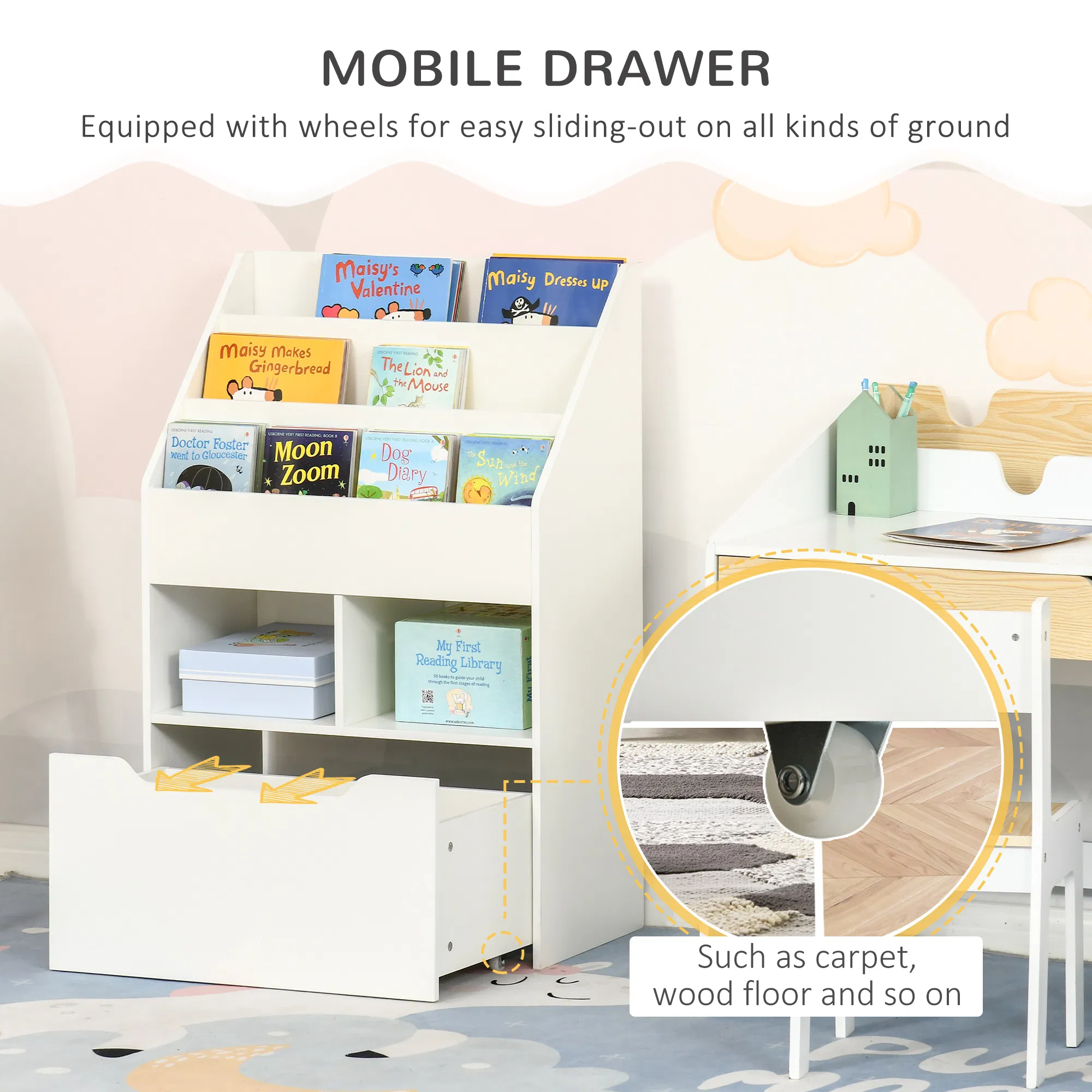 Kids Bookcase Multi-Shelf Rack Organizer with Storage Drawer for Books for Reading Nook, Classroom, Bedroom, Playroom, White photo 6
