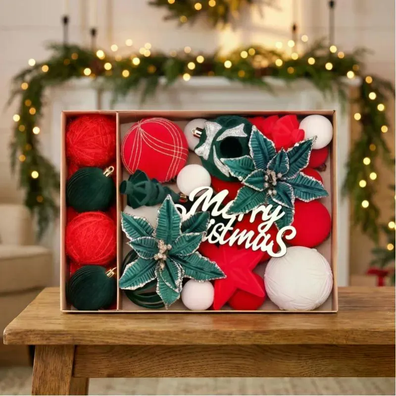 38Pcs Velvet Christmas Tree Ornaments Set, Plush Flocked Christmas Balls, Poinsettia Flower, Star, Bow, Merry Christmas Wooden Sign, Xmas Hanging Decorations for Home Holiday Party Decor photo 5