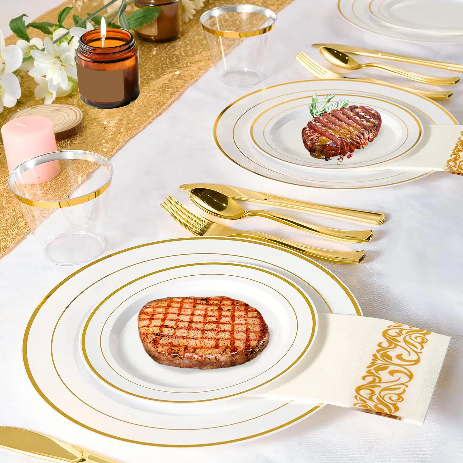 175PCS Disposable Gold Rim Dinnerware Set for 25 Guests - Premium Plastic Plates Cups Cutlery Napkins, Perfect for Wedding Birthday Halloween Christmas Catering Events photo 7