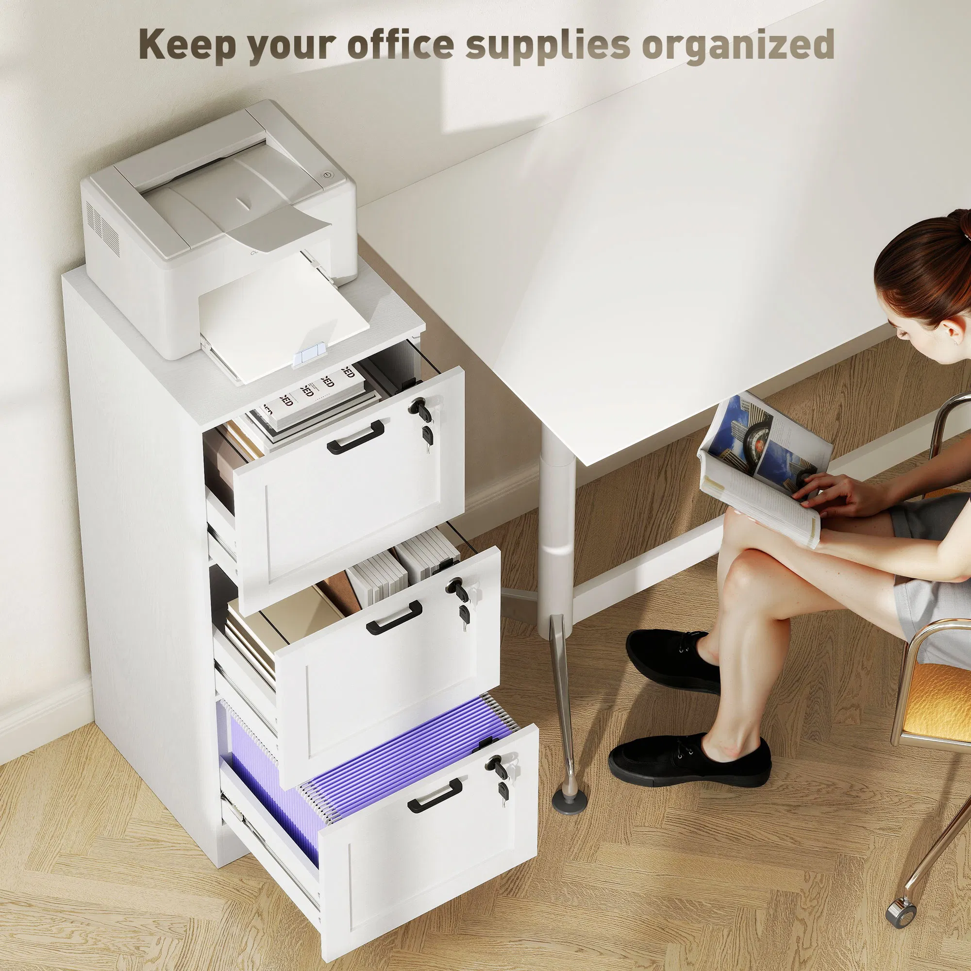 Vertical Filing Cabinet with 3 Drawers, Lock, File Cabinet for Home Office, A4 and Letter Size Files, White photo 5