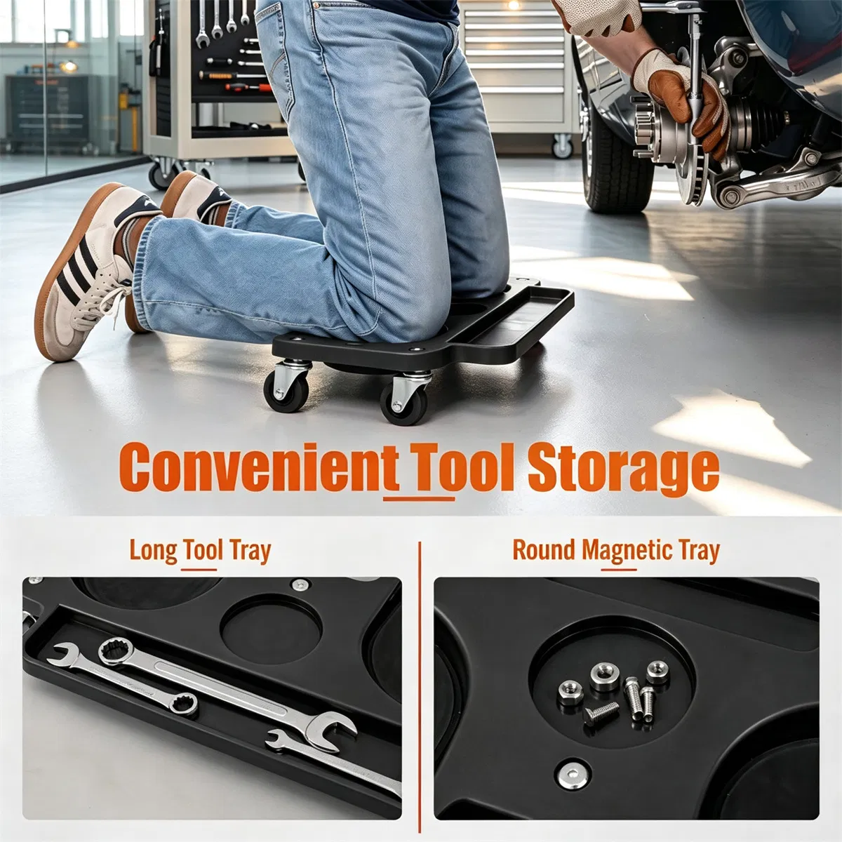 Black Rolling Knee Creeper with EVA Foam Cushioned Pads, 300 LBS Capacity Garage Knee Dolly with Magnetic & Long Tool Tray for Auto Repair Flooring Gardening Work photo 2