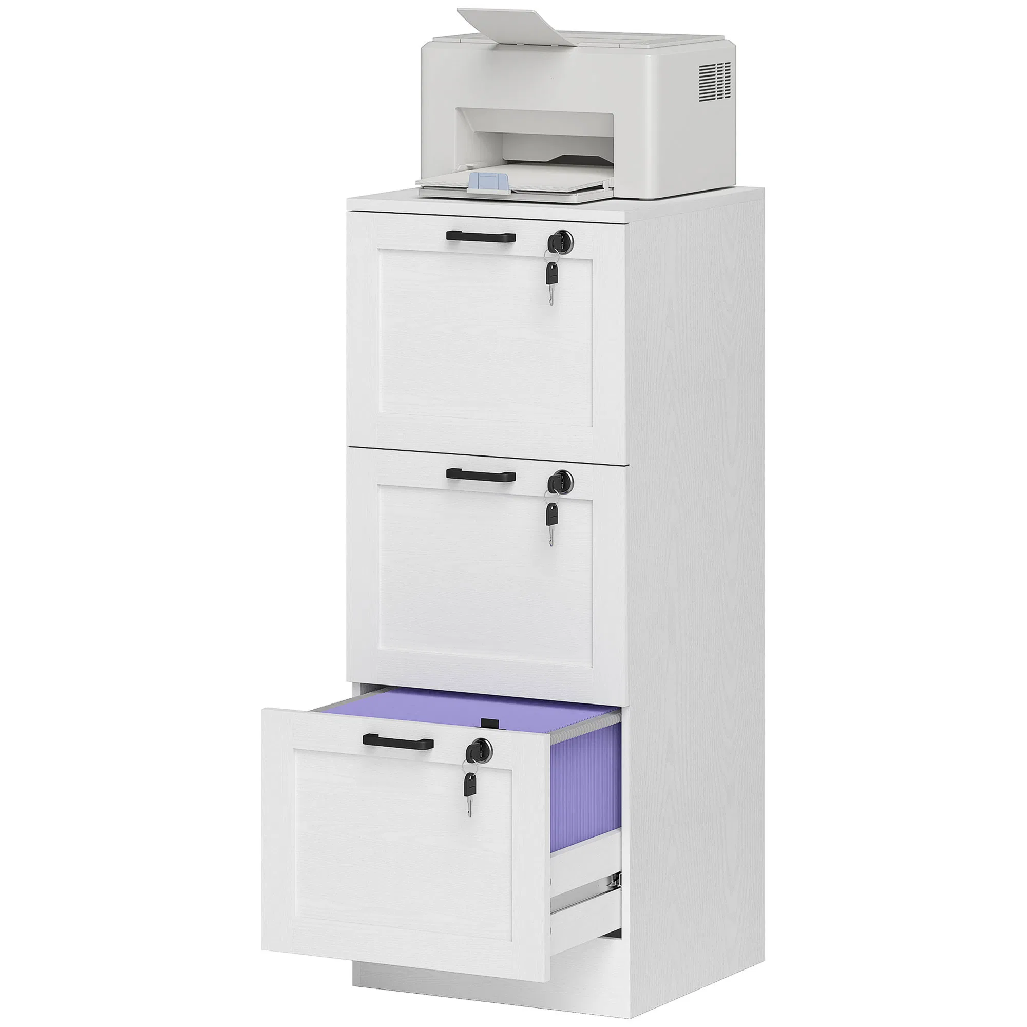 Vertical Filing Cabinet with 3 Drawers, Lock, File Cabinet for Home Office, A4 and Letter Size Files, White photo 1