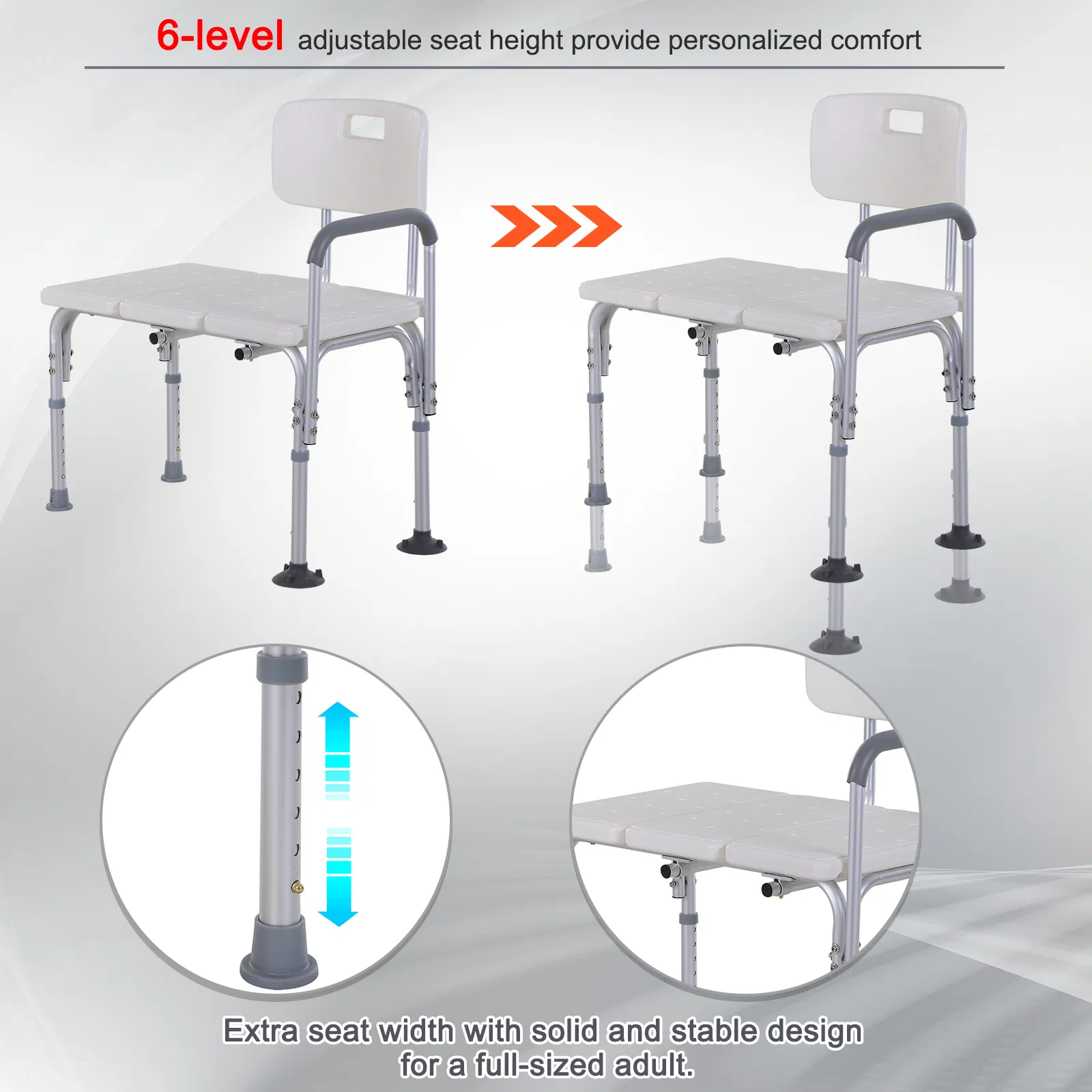6-Level Adjustable Bath and Shower Transfer Bench Aluminum Chair with Non-Slip Feet, Armrest & Backrest White photo 5