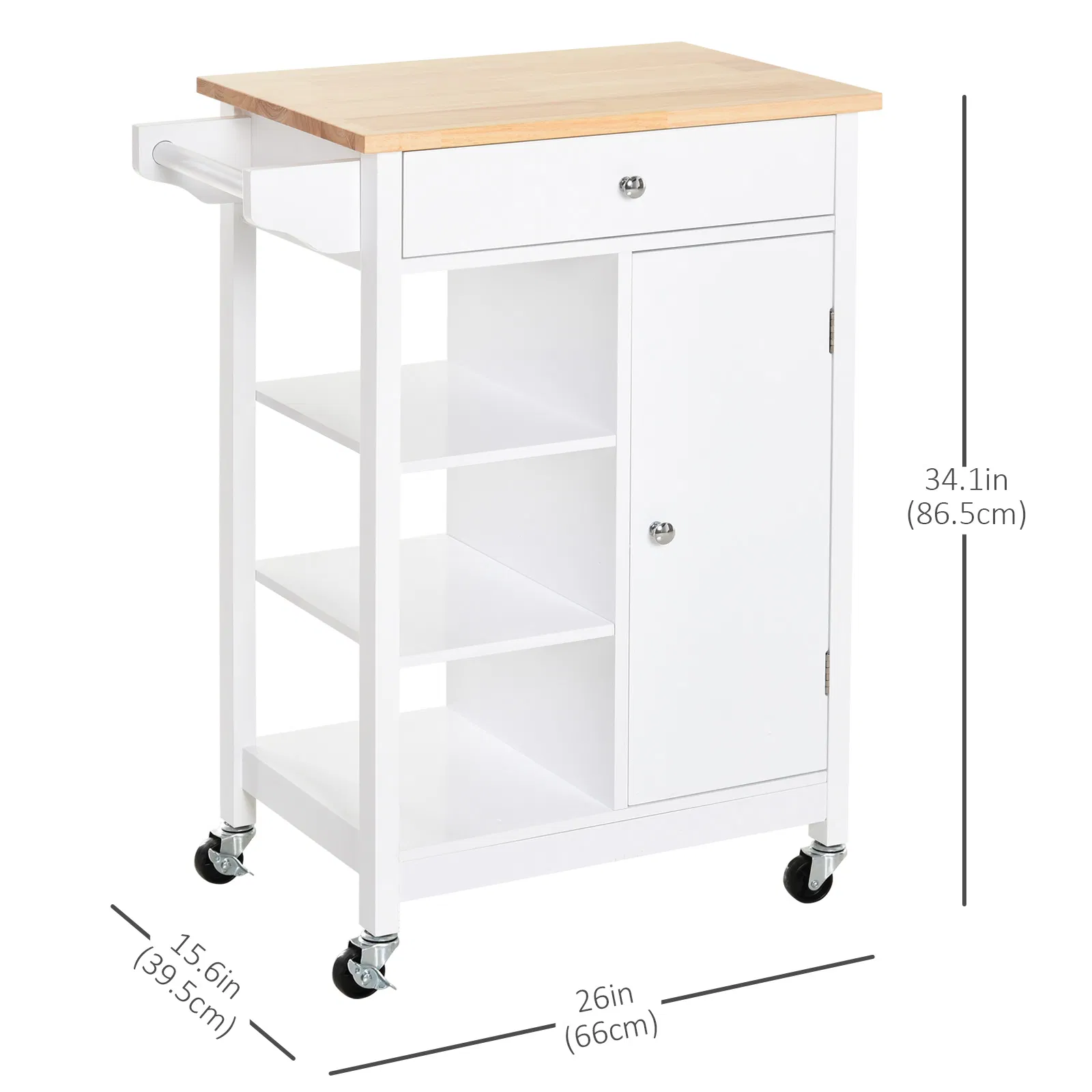 Modern Rolling Kitchen Island Cart with Drawer, Natural Wood Top, Towel Rack, Door Storage Cabinet, White photo 3