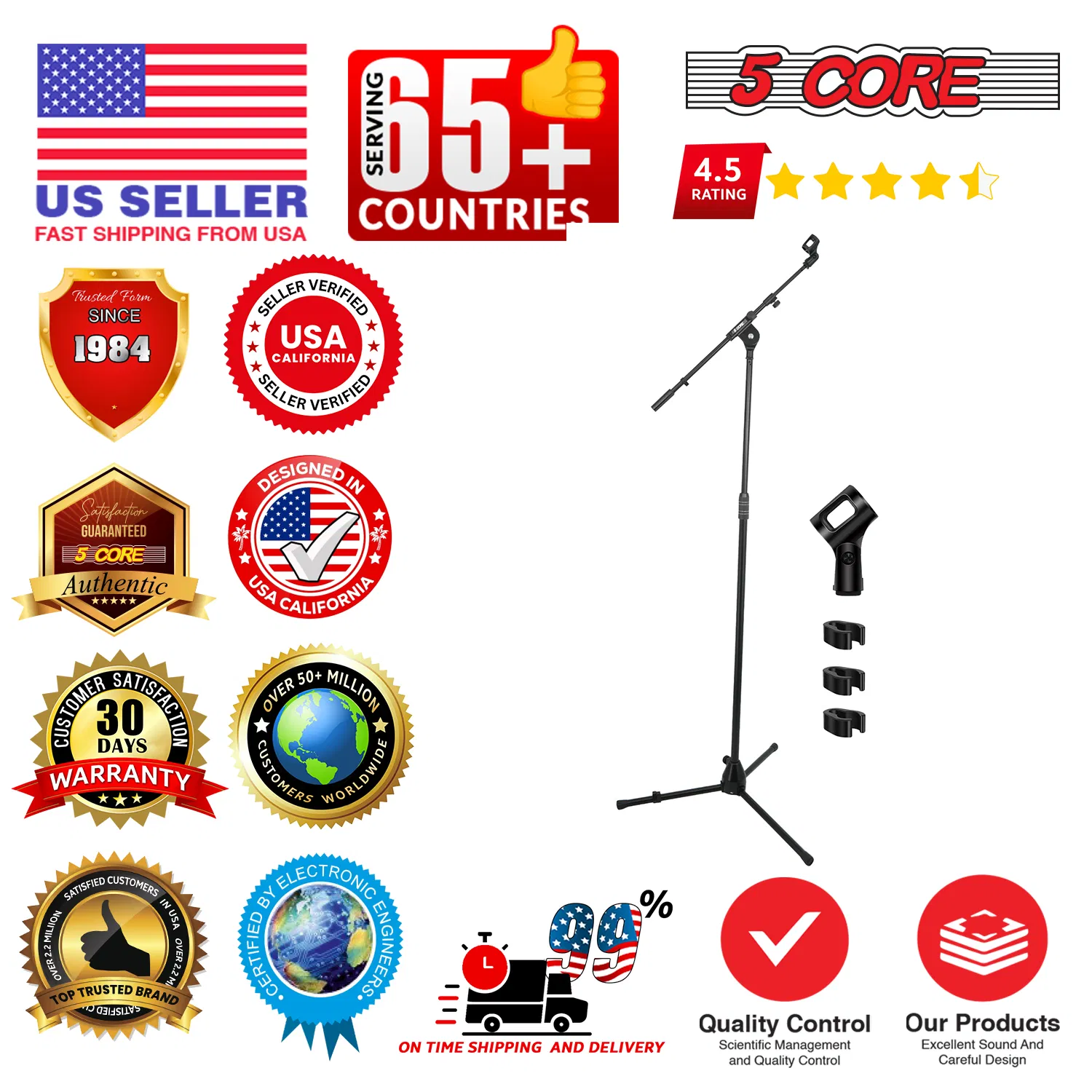 5Core Microphone Stand 1PC/2Pcs Floor Adjustable 82" w Telescoping Boom Arm photo 2