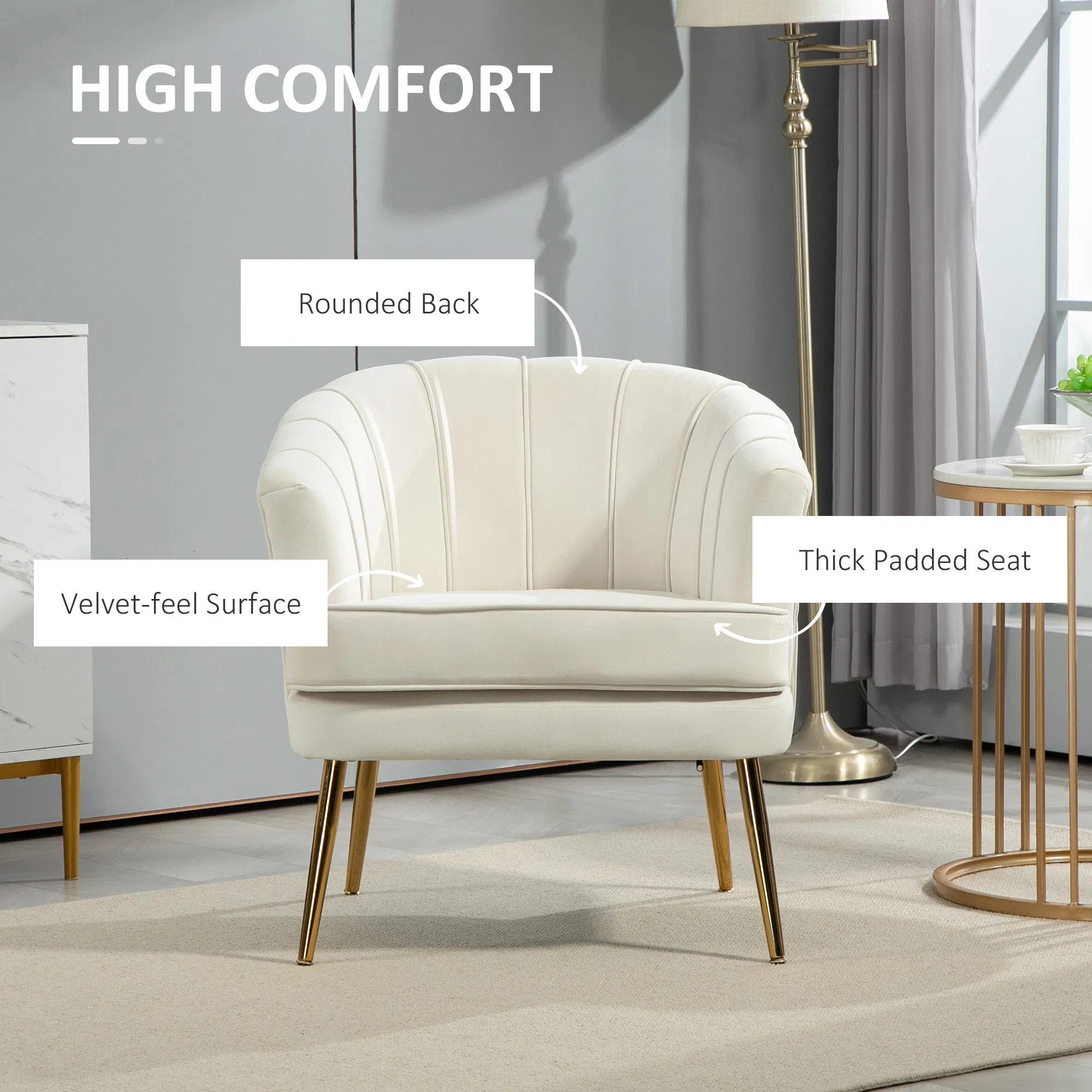 Fabric Armchair, Modern Accent Chair with Gold Metal Legs for Living Room, Bedroom, Home Office, Cream White photo 6