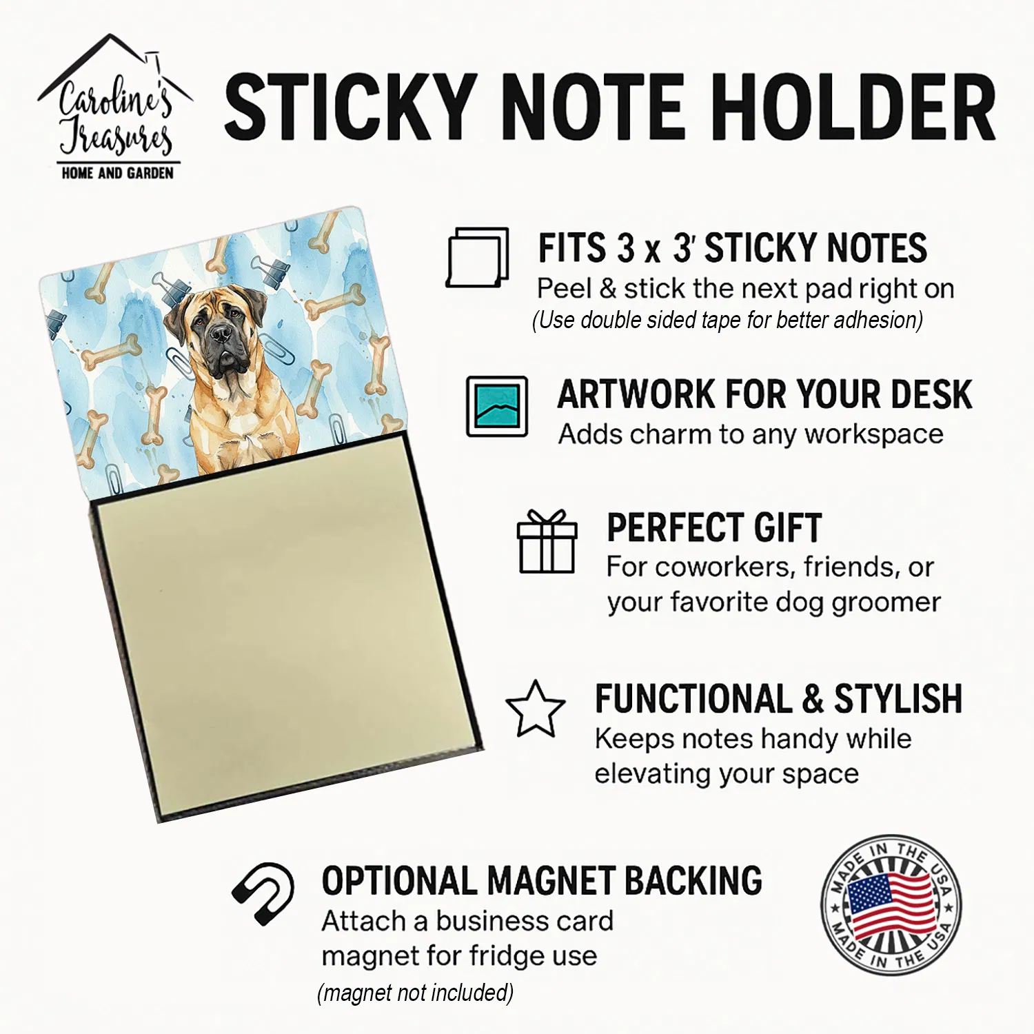 Fawn Mastiff Coworker Watercolor Sticky Note Holder Refillable Dispenser Desk Accessory 3x3 Pad Gift photo 2