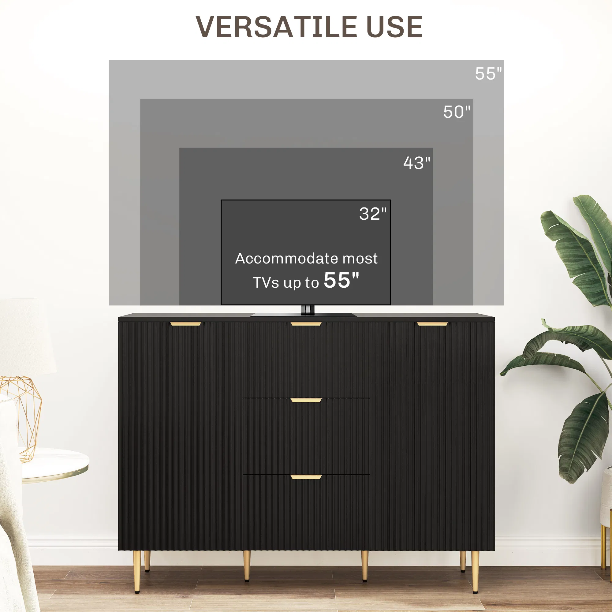 Modern Kitchen Storage Cabinet, Sideboard Buffet Cabinet w/ 3 Drawers and Adjustable Shelves for Kitchen Hallway, Black photo 4