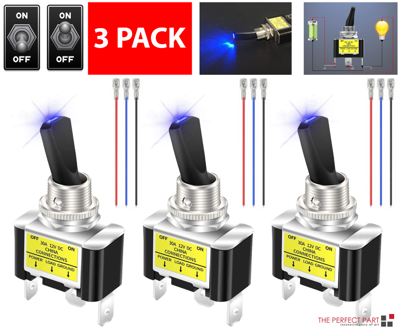 3Pcs 12V 30A Blue LED Light Toggle Rocker ON/OFF Switch 3Pin Marine Car Boat ATV photo 2