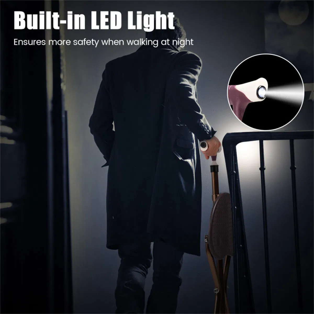 Folding Seat Cane (220lbs): 5-Level Height Adjust, LED Light, Anti-Slip Pads, Aluminum Alloy, Bonus Cushion/3 Foot Pads for Elder-Brown photo 6