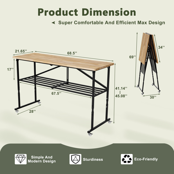 Foldable Hardwood Workbench Adjustable Wood-Top Utility Table with Locking Casters photo 2