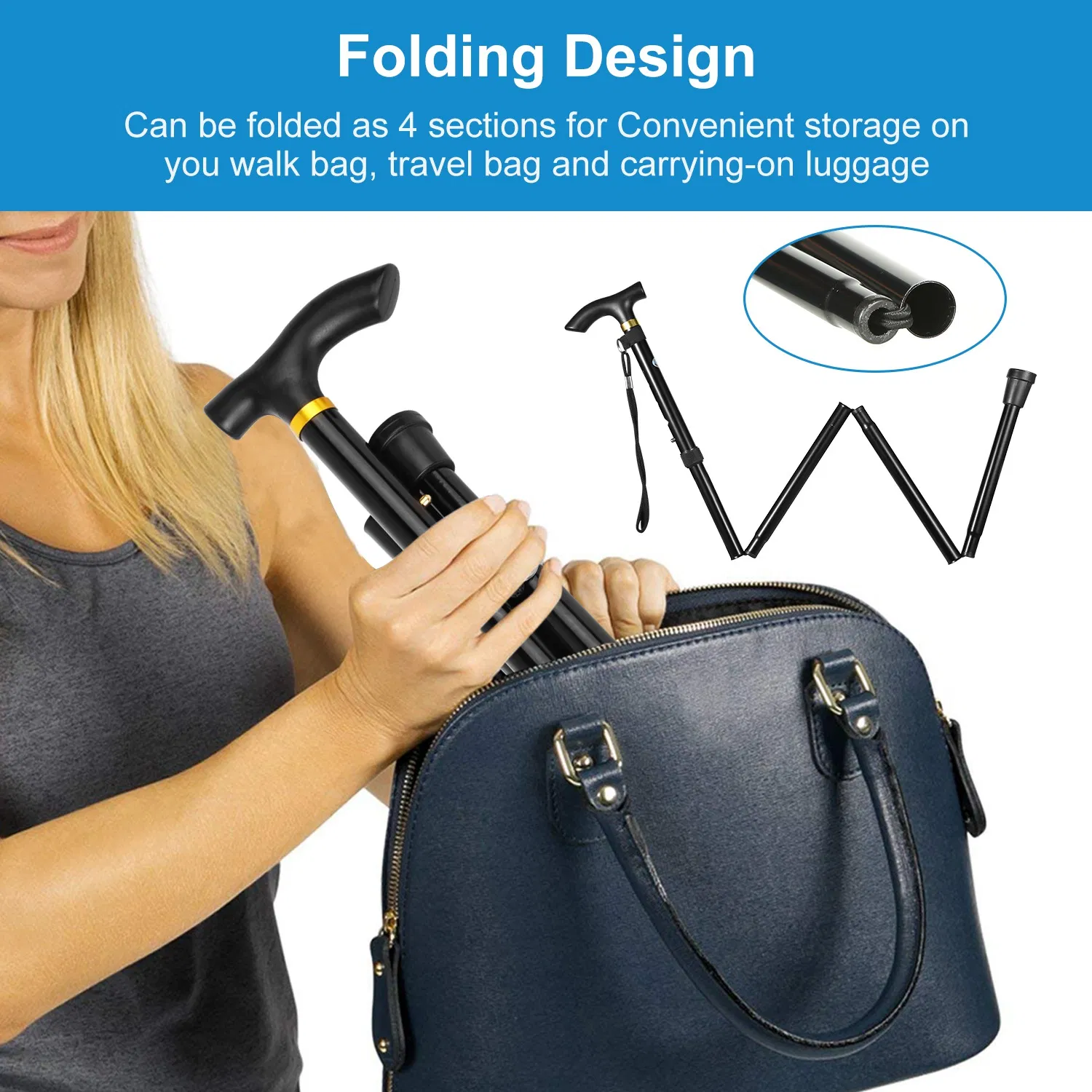 Travel Folding Trekking Hiking Pole,Collapsible Cane Adjustable Walking Stick Portable Mobility Aid for Women Men Hikers Gift,Black photo 5