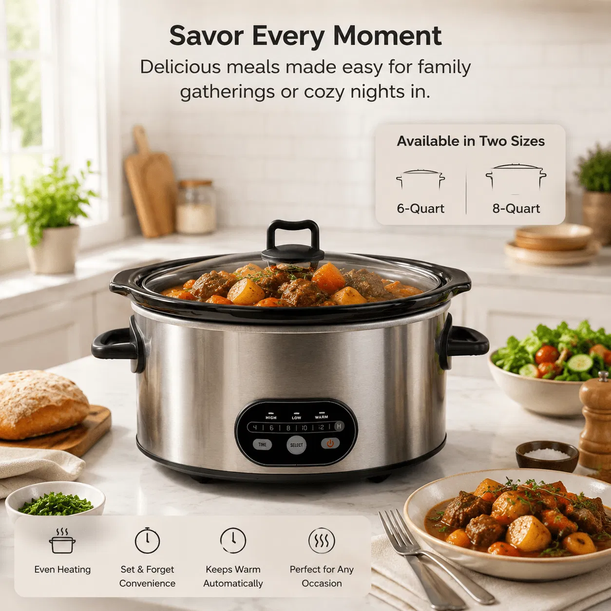 6/8 Quart Slow Cooker with 3 Cooking Settings, Non-Stick Ceramic Inner Pot, Dishwasher-Safe Lid, Multi-Functional Slow Cooker for Soups, Stews, Roast Chicken, Easy to Clean photo 3