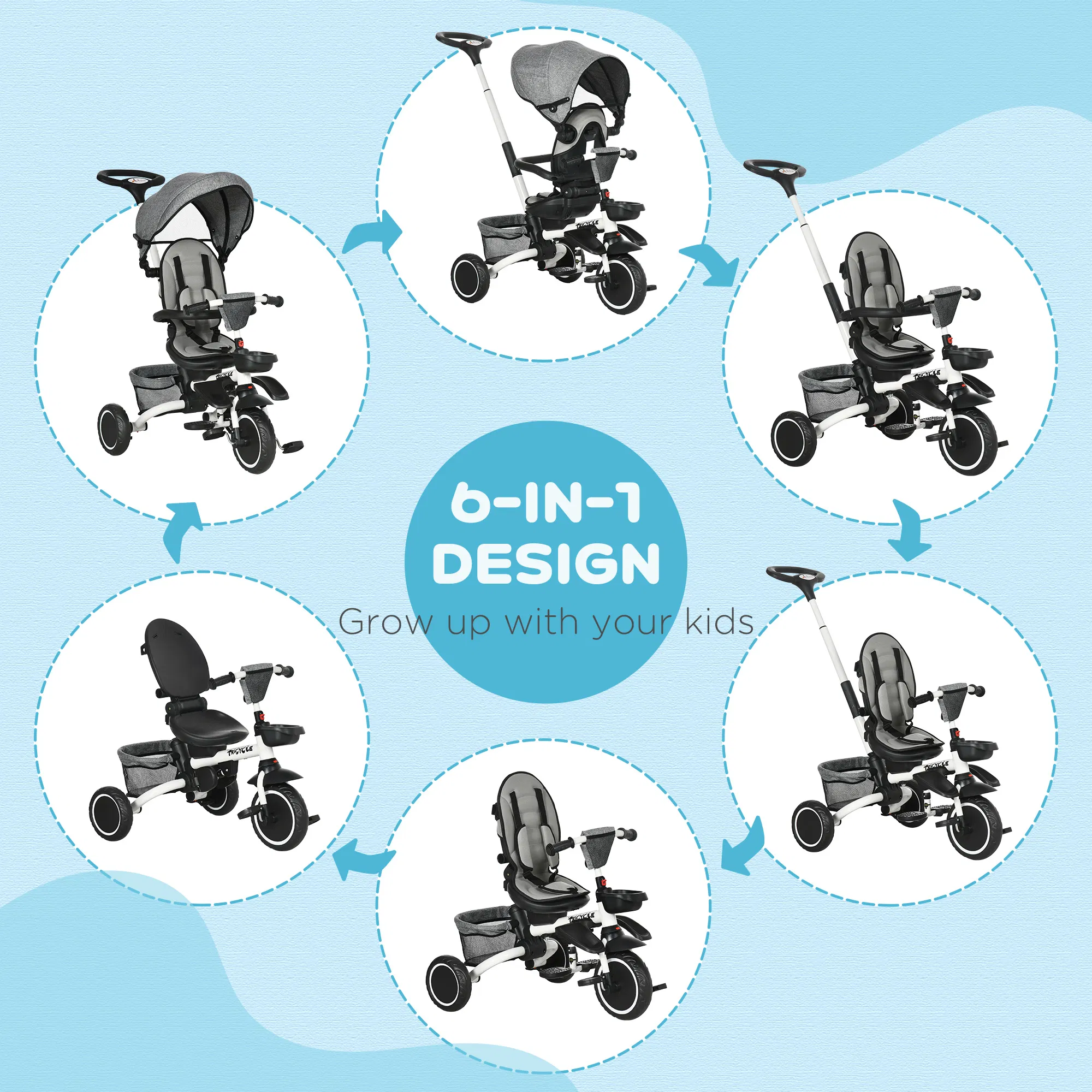 6-in-1 Toddler Tricycle for 12-50 Months, Foldable Kids Trike with Adjustable Seat and Push Handle, Safety Harness, Removable Canopy, Footrest, Grey photo 4