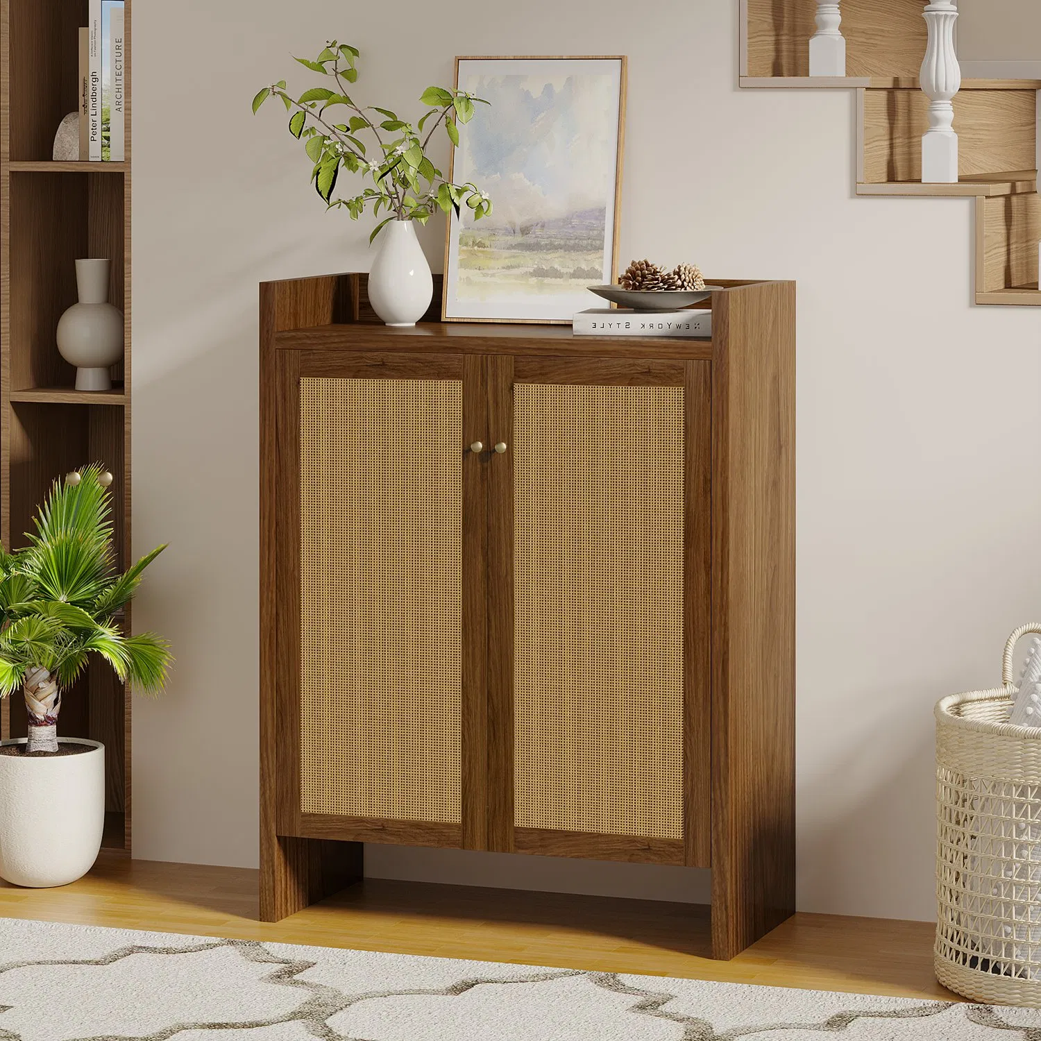 Shoe Cabinet Set, Large Capacity Shoe Storage Organizer Cabinet, Tall Rattan Shoe Cabinet with Doors and Shelves, 6-Tier Farmhouse Boho Wooden Storage Cabinet for Entryway Hallway photo 6