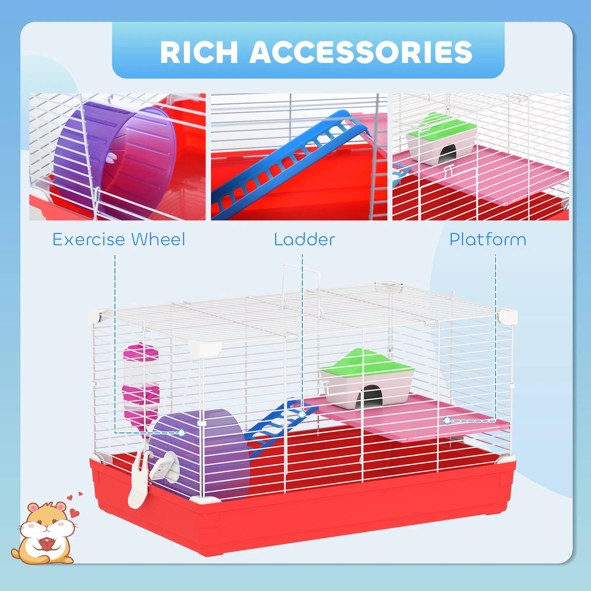 18.5'' Hamster Cage with Exercise Wheel and Water Bottle Dishes, Rat House and Habitats 2 Storey Design, Red photo 3